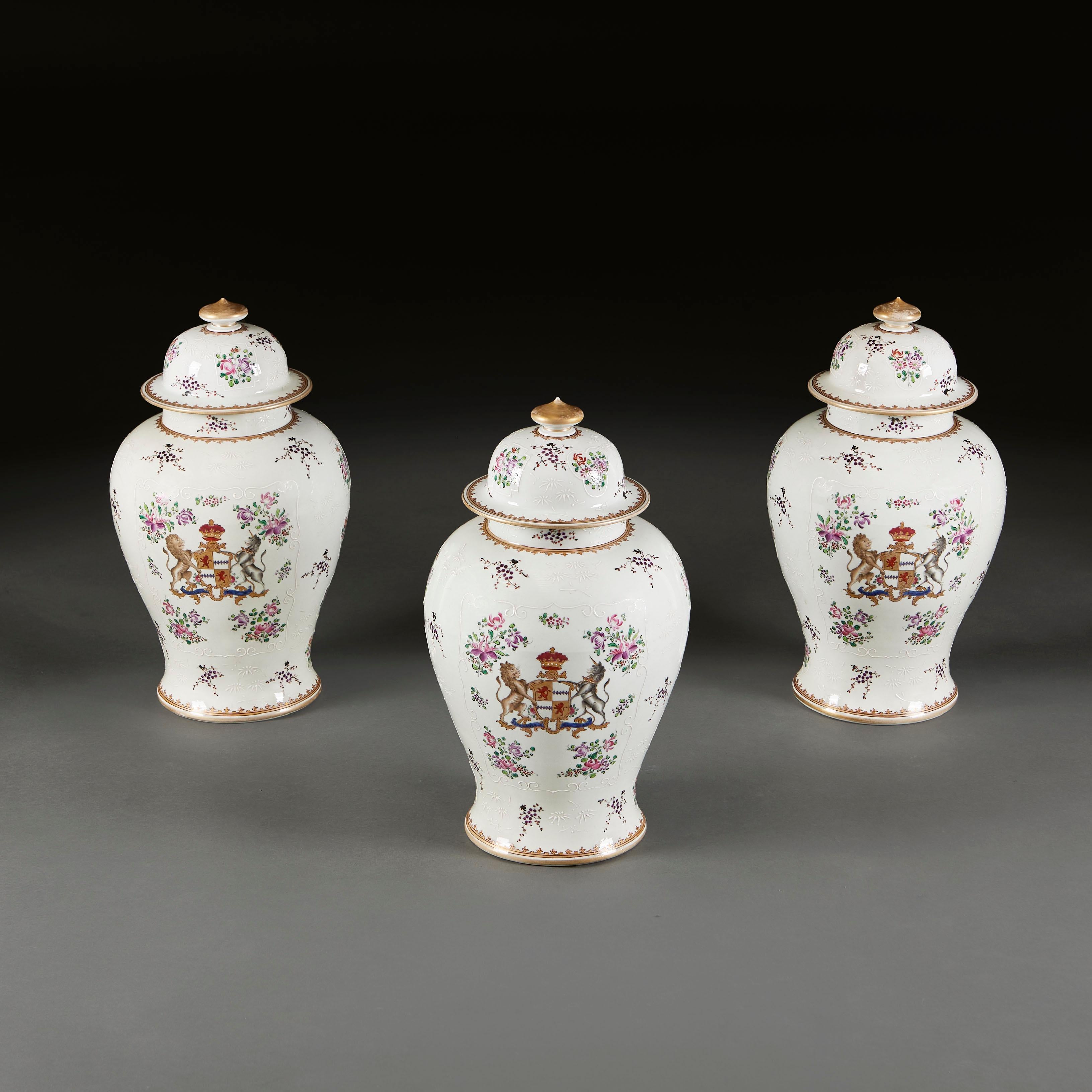 France, circa 1850

A fine mid nineteenth century garniture of three large Samson pots and covers, each decorated to the front with an armorial, with sprays of flowers throughout.

Height         43.00cm

Diameter of base     16.00cm