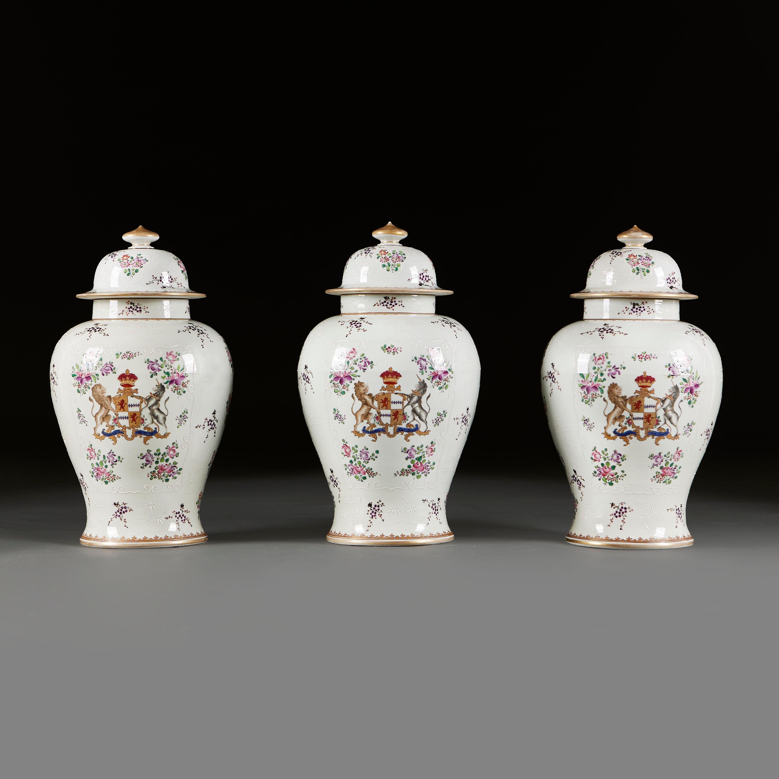 French A Garniture of Three Samson Armorial Pots and Covers For Sale