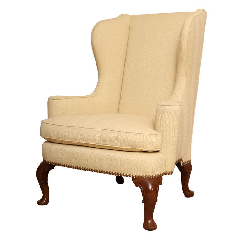 American Queen Anne Style Wood & Hogan Walnut Wing Chair with Carved Legs & Down Cushion For Sale
