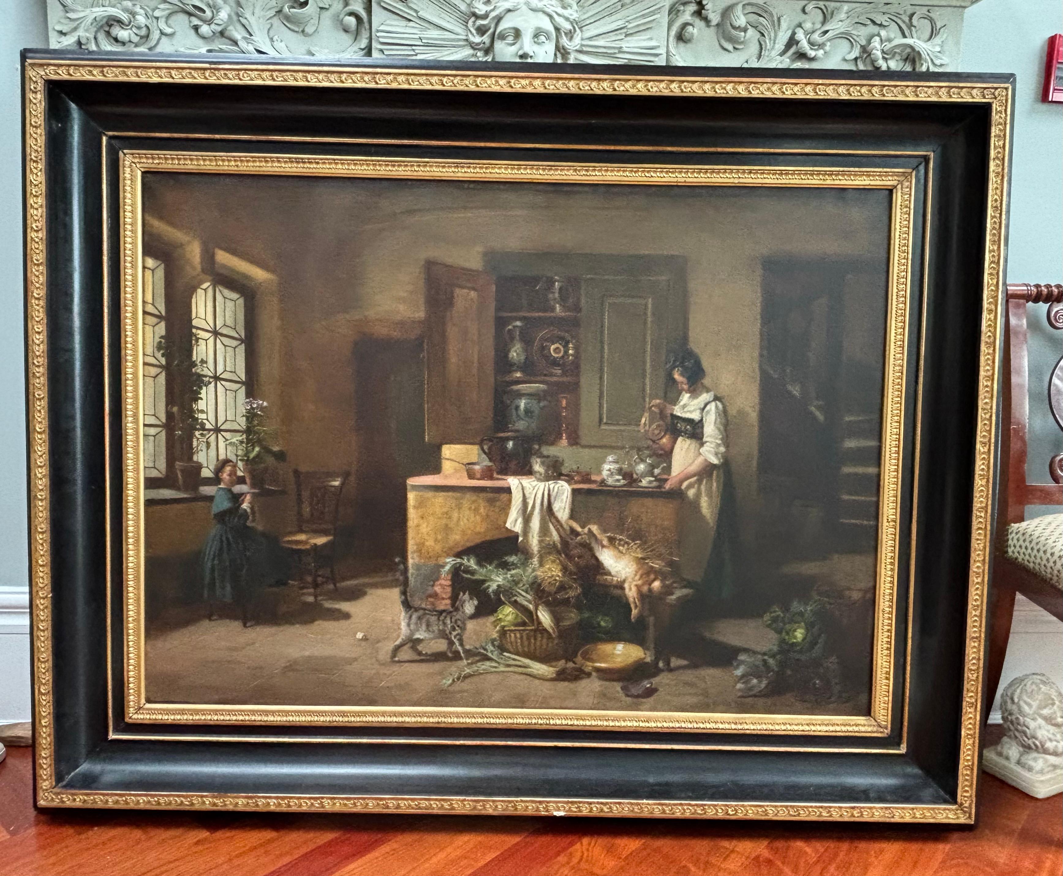 Un óleo de estilo Genre de una escena interior de Paul Emile Faivre fechado en 1864 Colonial holandés en venta