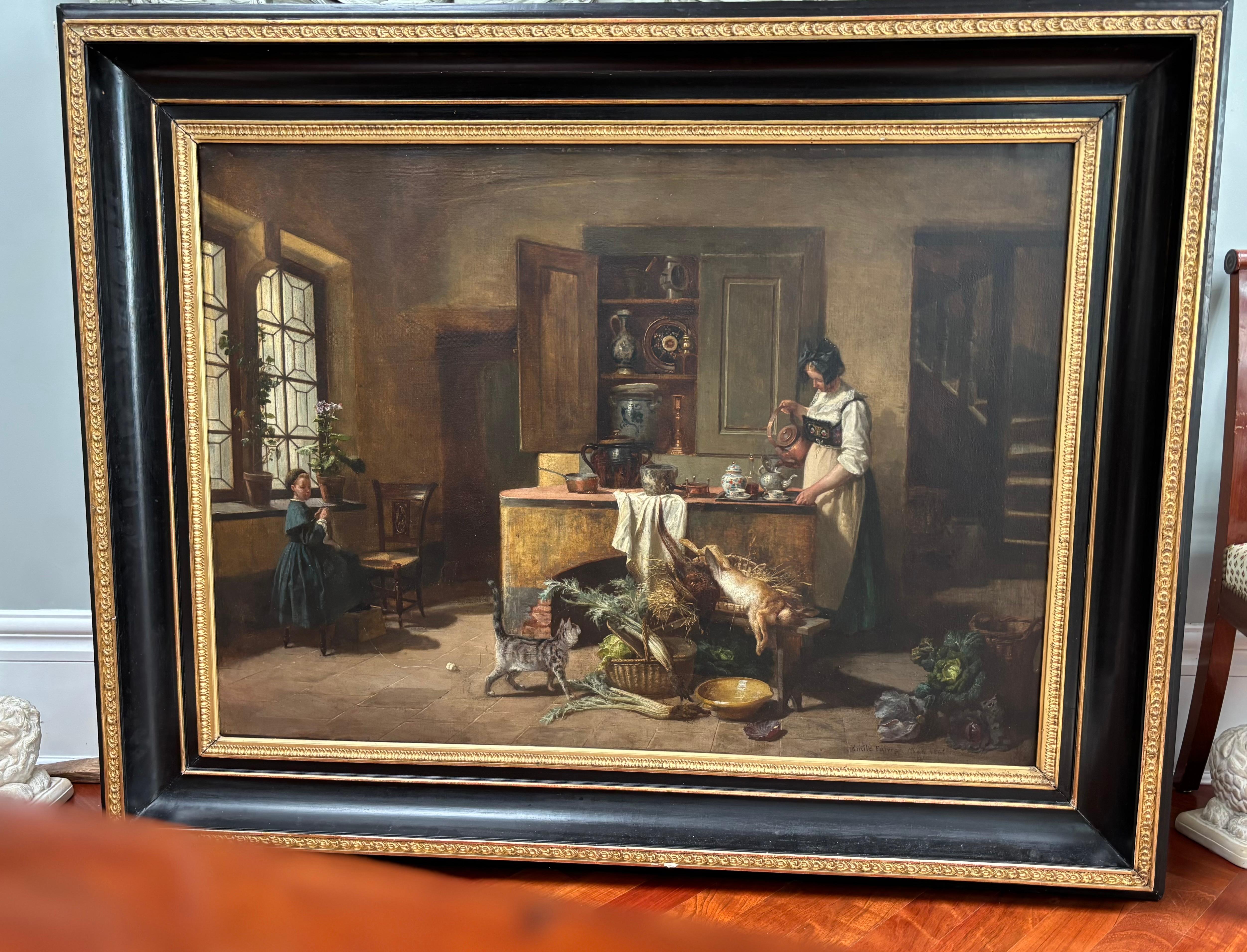 Un óleo de estilo Genre de una escena interior de Paul Emile Faivre fechado en 1864 Francés en venta