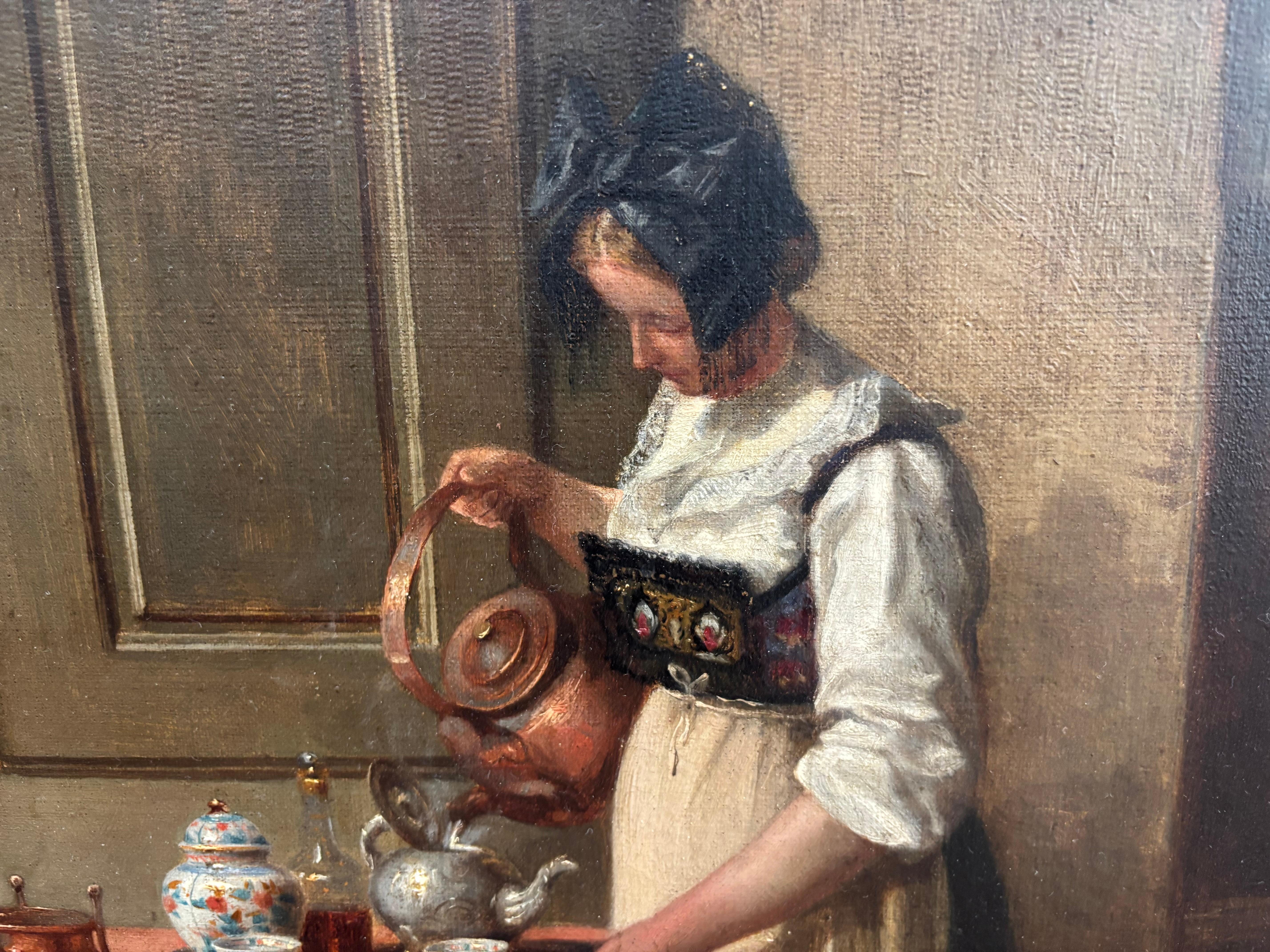 Un óleo de estilo Genre de una escena interior de Paul Emile Faivre fechado en 1864 Lienzo en venta