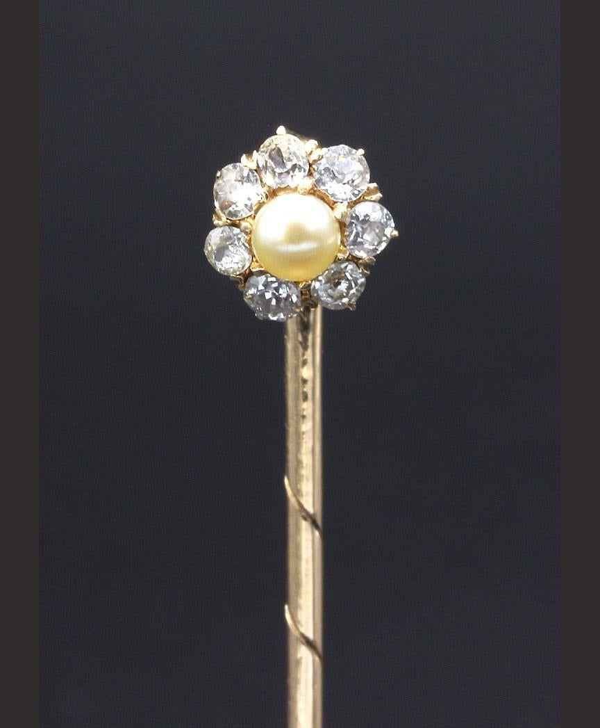 Old European Cut Gentleman's 14 Kt Yellow Gold Diamond and Pearl Flower Head Stick Pin