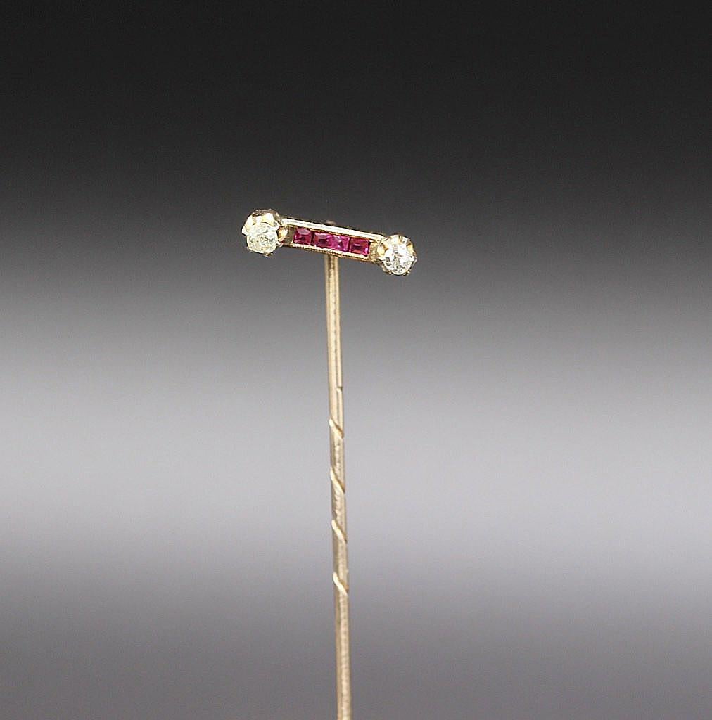 Modern Gentleman's 14 Kt Yellow Gold Diamond and Ruby Stick Pin For Sale