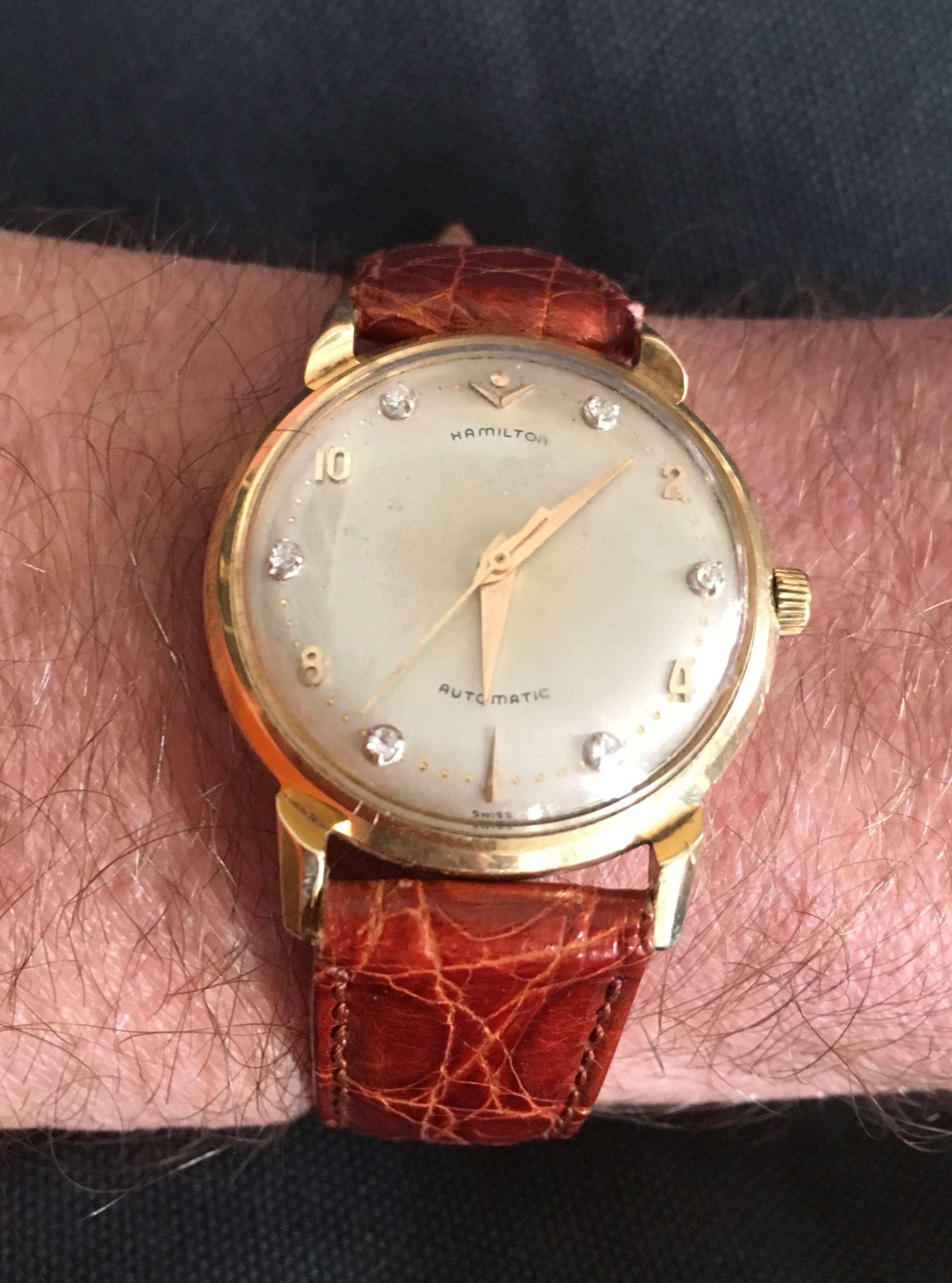 Modernist A gentleman's 1950's Hamilton 14 karat  Gold and Diamonds automatic wristwatch For Sale