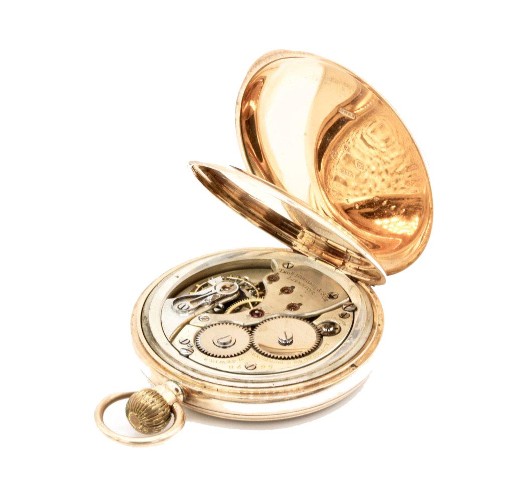 A Gentleman's 9 Kt yellow gold open faced pocket watch by Thomas Russell & Sons Ltd. of Liverpool UK.
The white enamel dial with black roman numerals and subsidiary seconds hand in the 6 o'clock position. 
The  Swiss made movement with seventeen