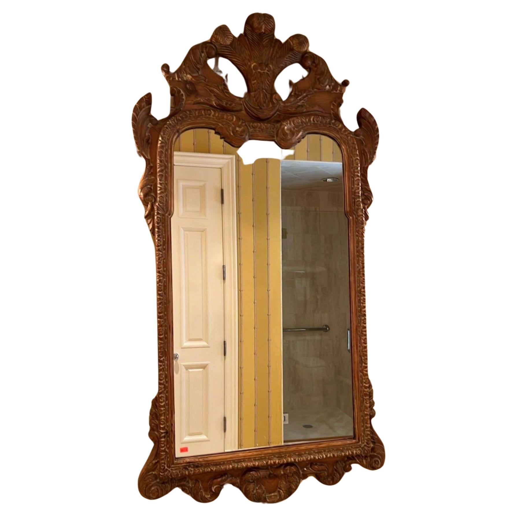 20th Century Exceptional Geo II Style Carved Pine Mirror With Plume Crest. Very Billy Hanes For Sale