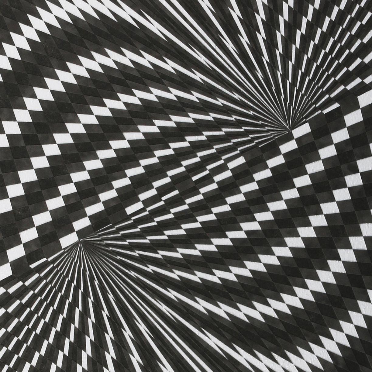 Este collage geométrico del artista húngaro Laszlo Molnar muestra su característica técnica de crear diseños dinámicos utilizando trozos de cartón de estera. Conocido por su precisión y creatividad, Molnar dispone las formas geométricas en una