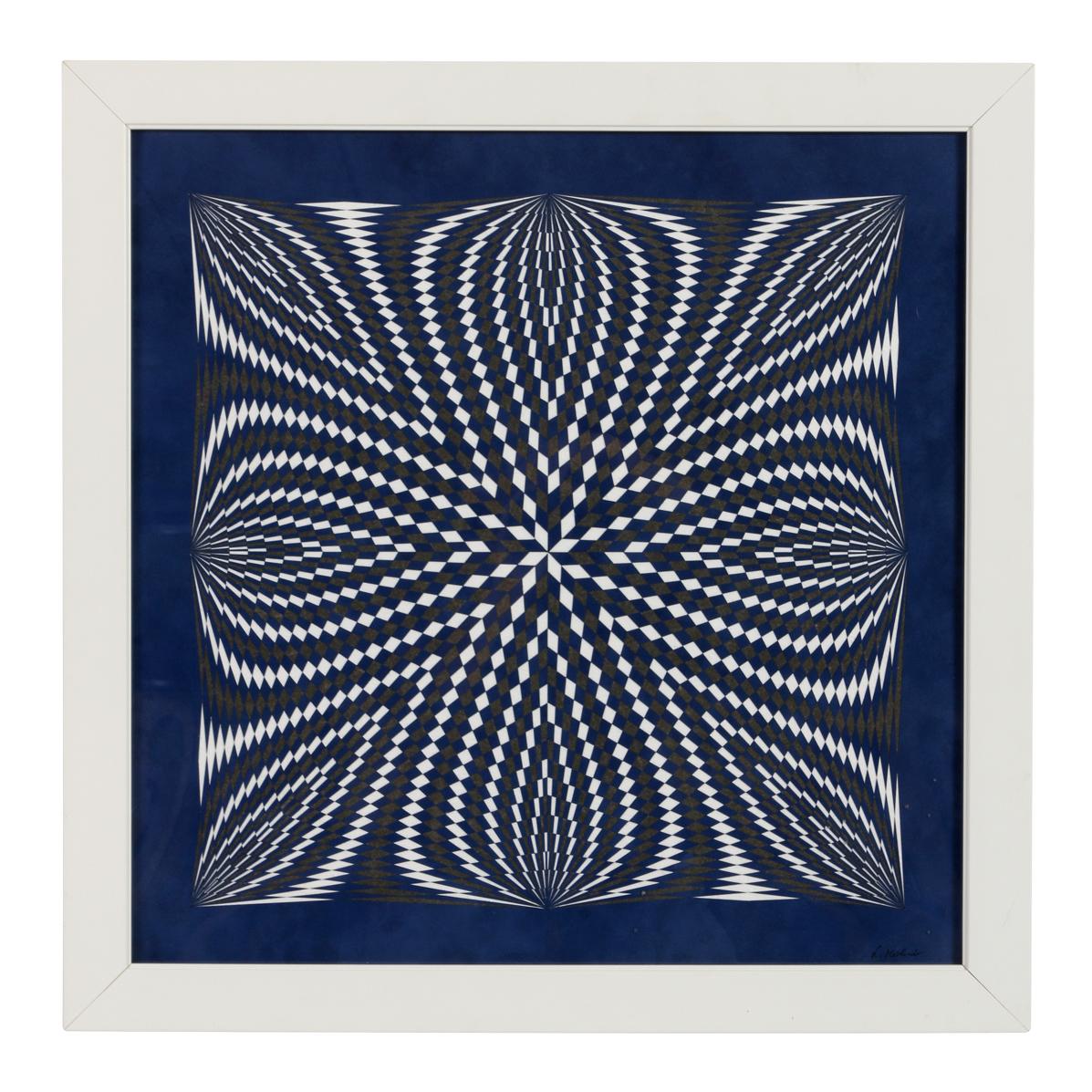 Un collage geometrico creato dall'artista ungherese Laszlo Molnar, composto da pezzi di cartoncino tagliati singolarmente in blu e bianco e disposti in un motivo abbagliante. 