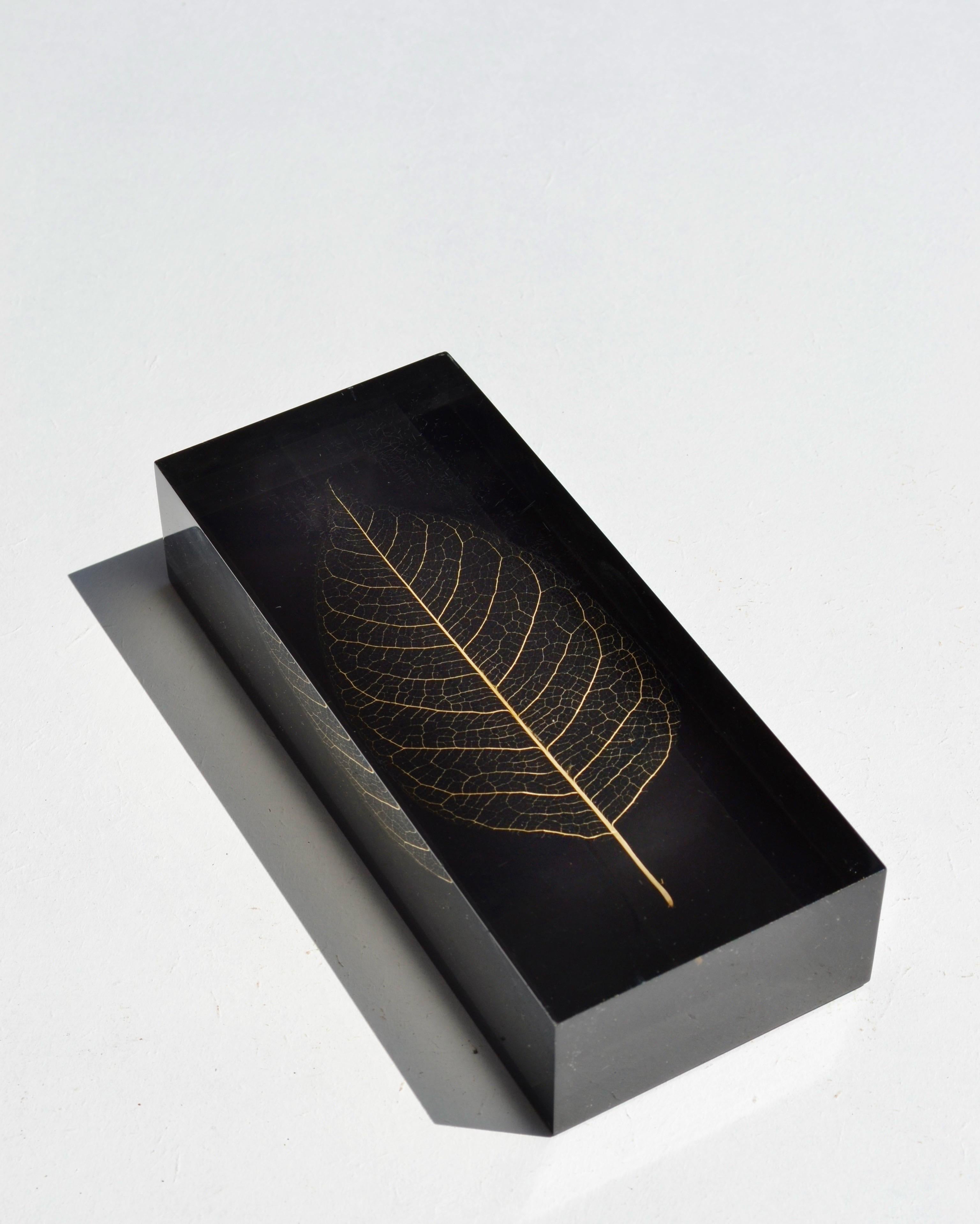 Mid-Century Modern A Geometric Resin Paperweight with Gilded Leaf Inclusion – France, 1970s For Sale