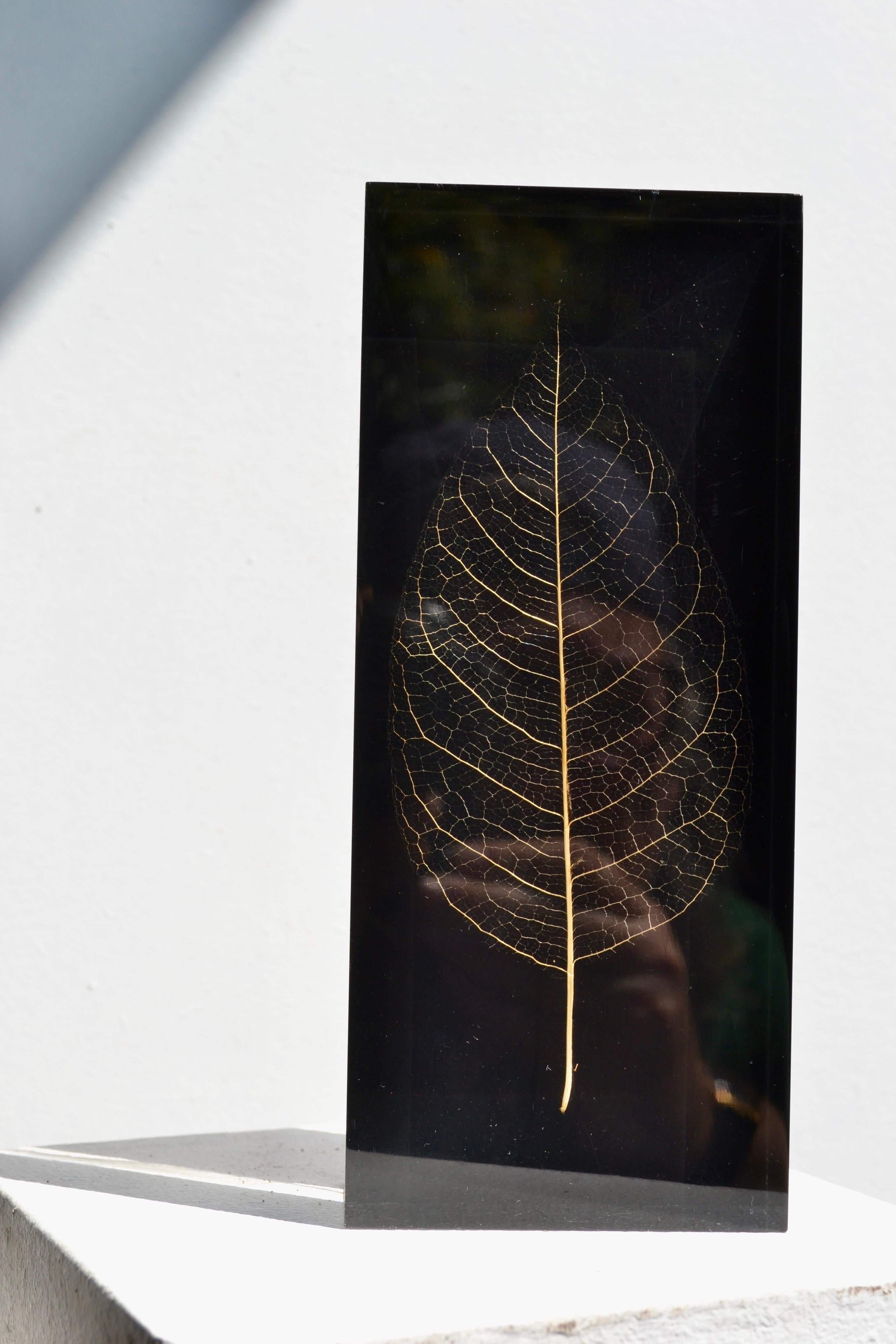 A Geometric Resin Paperweight with Gilded Leaf Inclusion – France, 1970s In Good Condition For Sale In SOTTEVILLE-LÈS-ROUEN, FR