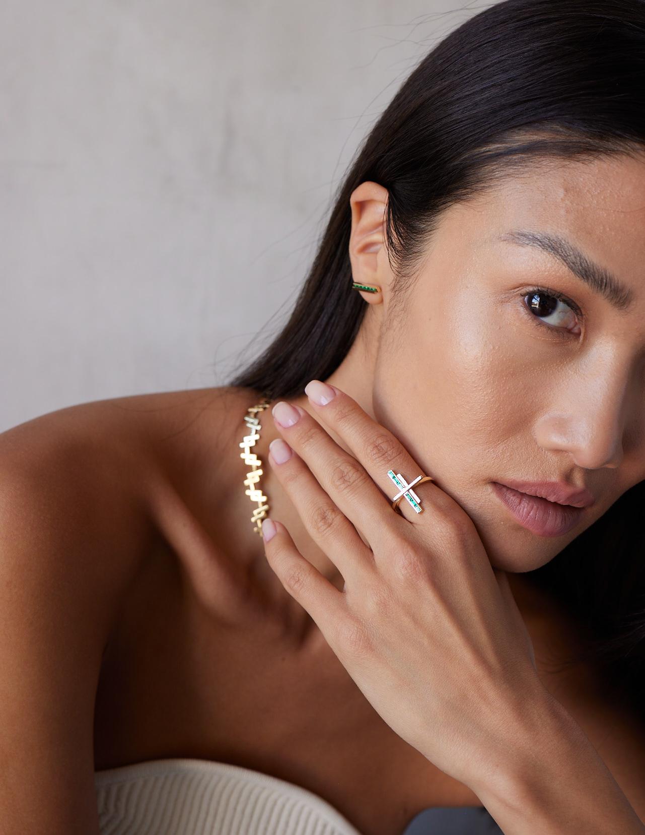 For Sale:  A Geometric ring with 0.5 Carat Emerald Baguette set in 18k Solid Yellow Gold 7