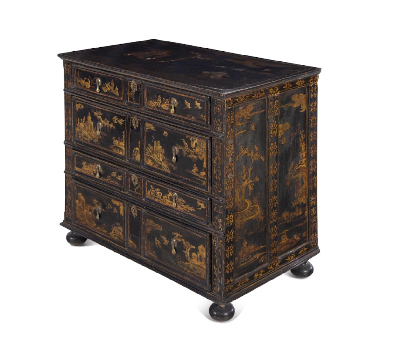 A George I/II Lacquered and Japanned chest of drawers
18th Century. An amazing chest that came out of a prominent Chicago estate.
Measures: Height 32 3/4 x width 37 1/4 x depth 20 3/4 inches.