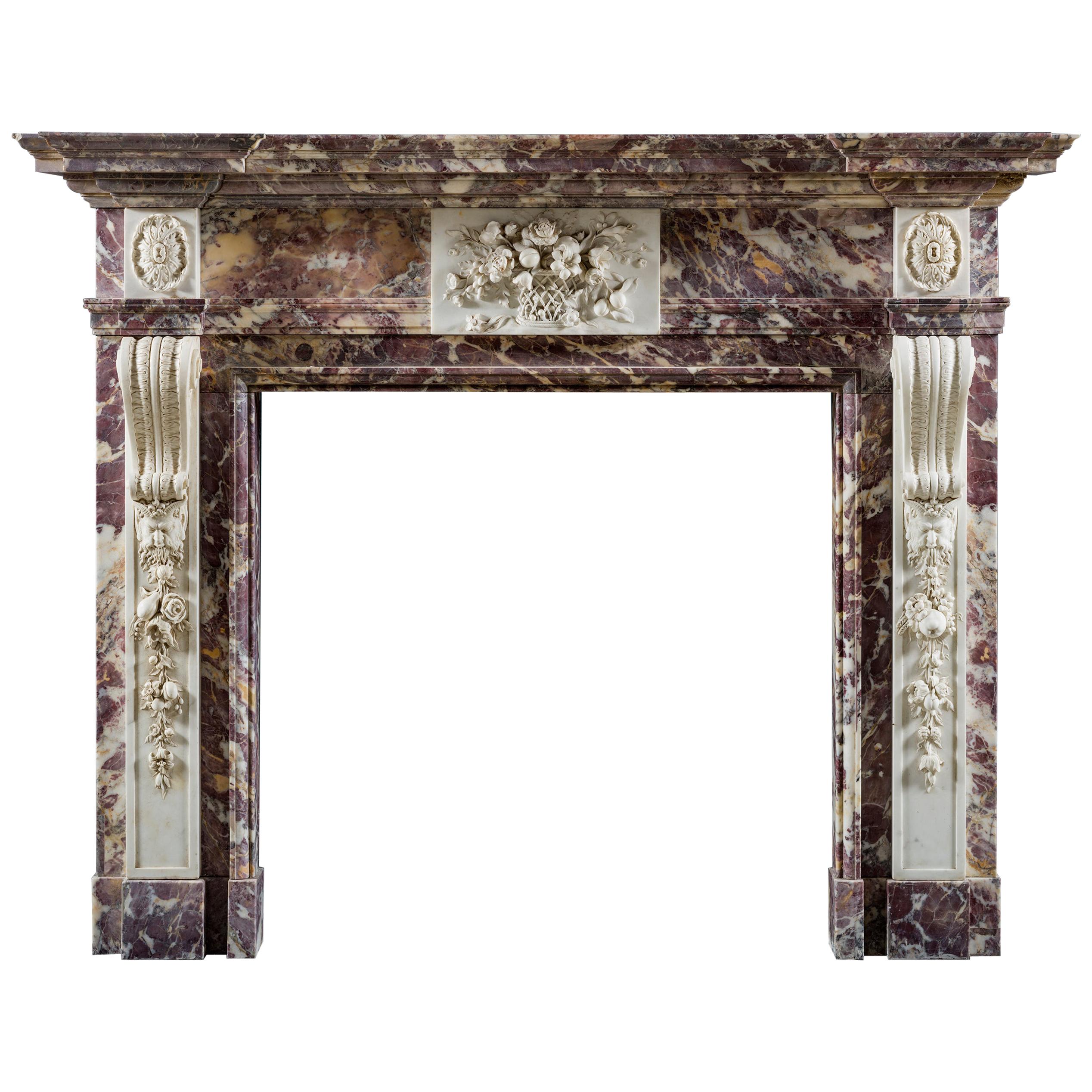 George II Palladian Fireplace in Breccia Violette and Statuary Marble For Sale
