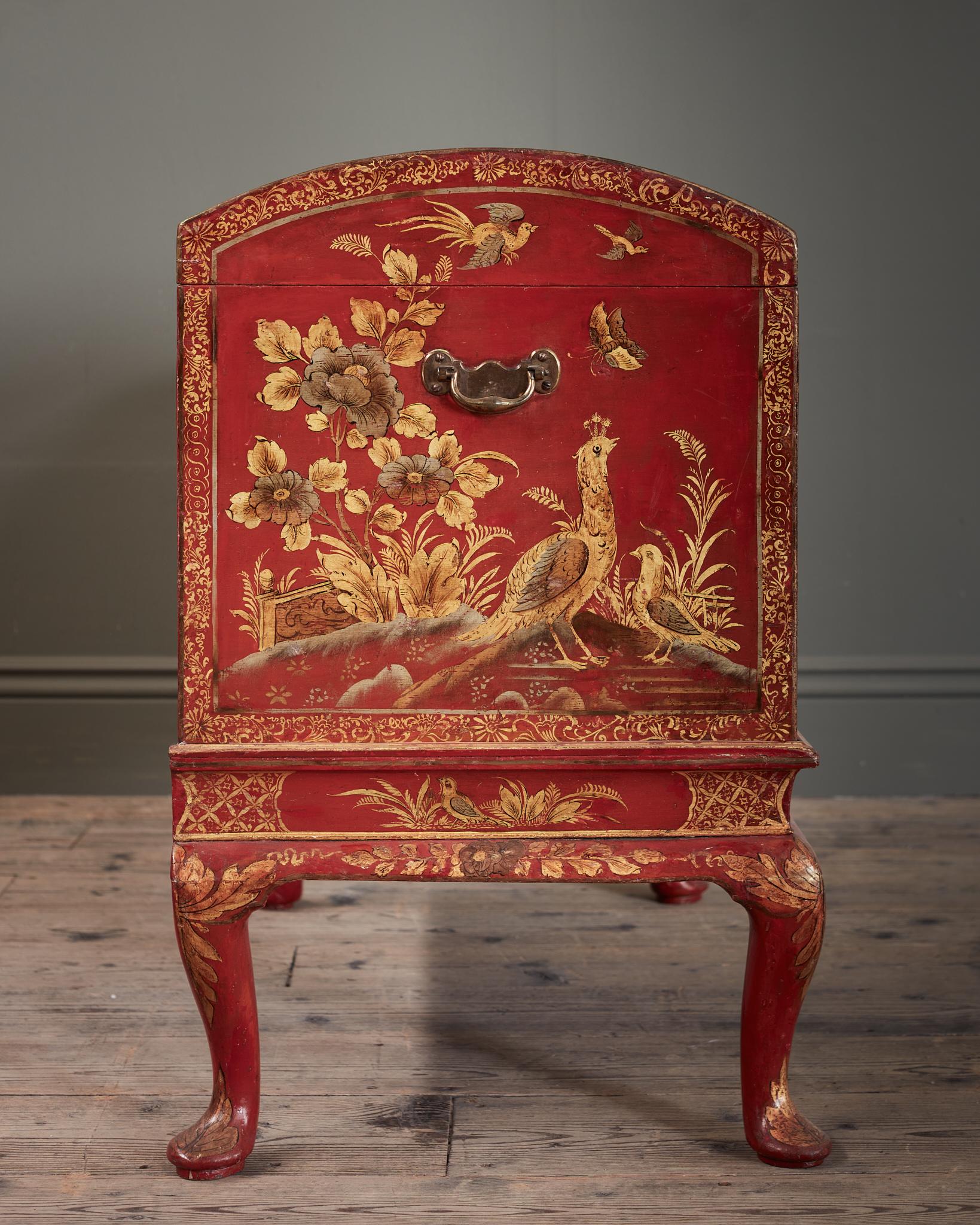 George III A George II Red Japanned Coffer on Stand, attributed to Giles Grendey For Sale