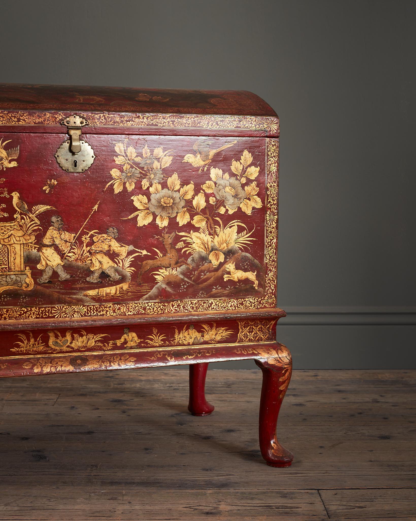 English A George II Red Japanned Coffer on Stand, attributed to Giles Grendey For Sale