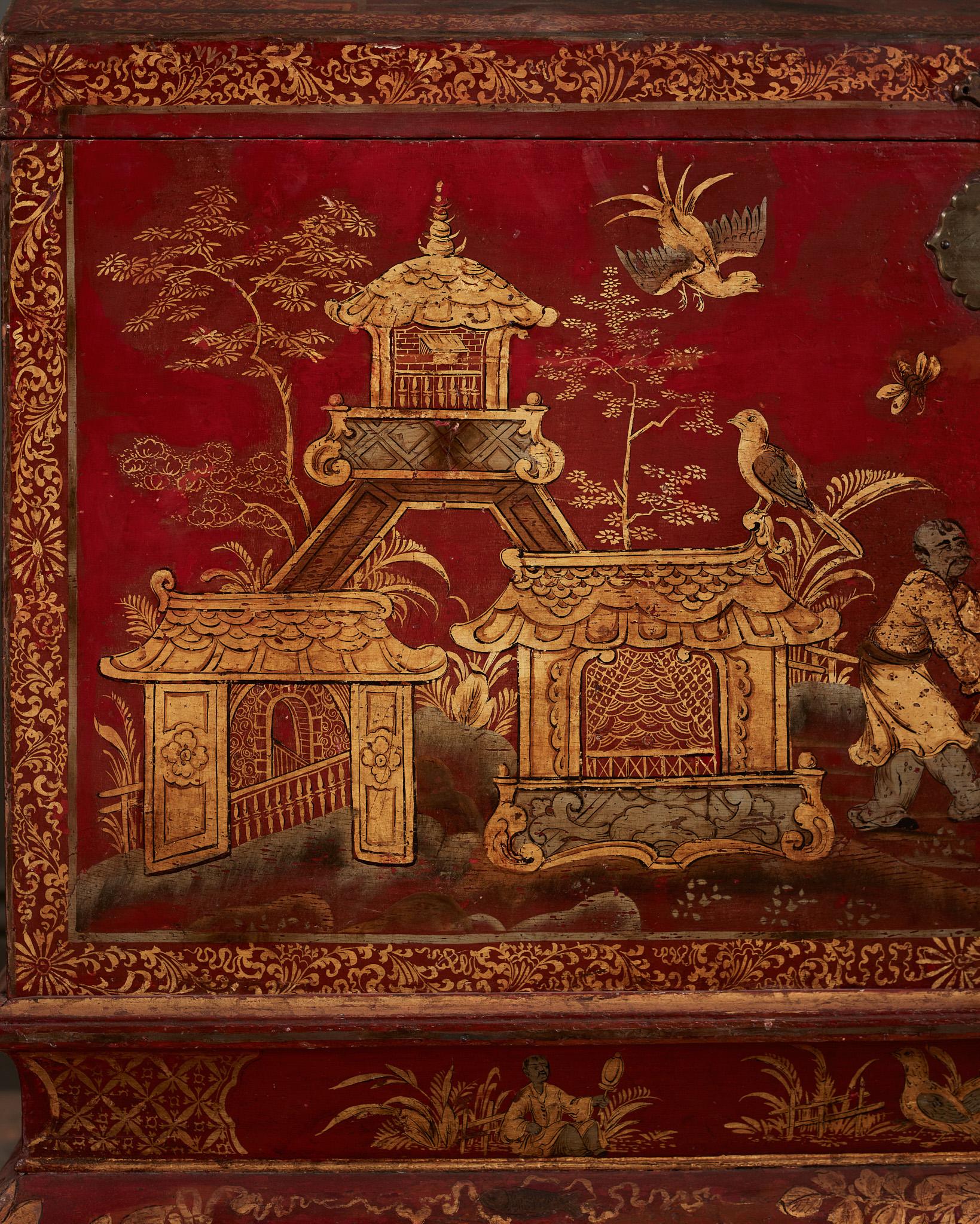 18th Century A George II Red Japanned Coffer on Stand, attributed to Giles Grendey For Sale