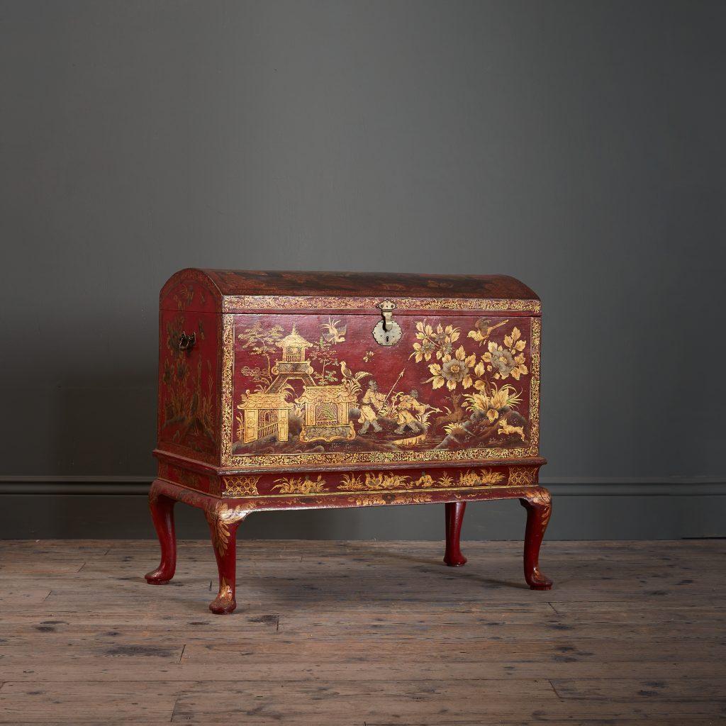 Wood A George II Red Japanned Coffer on Stand, attributed to Giles Grendey For Sale