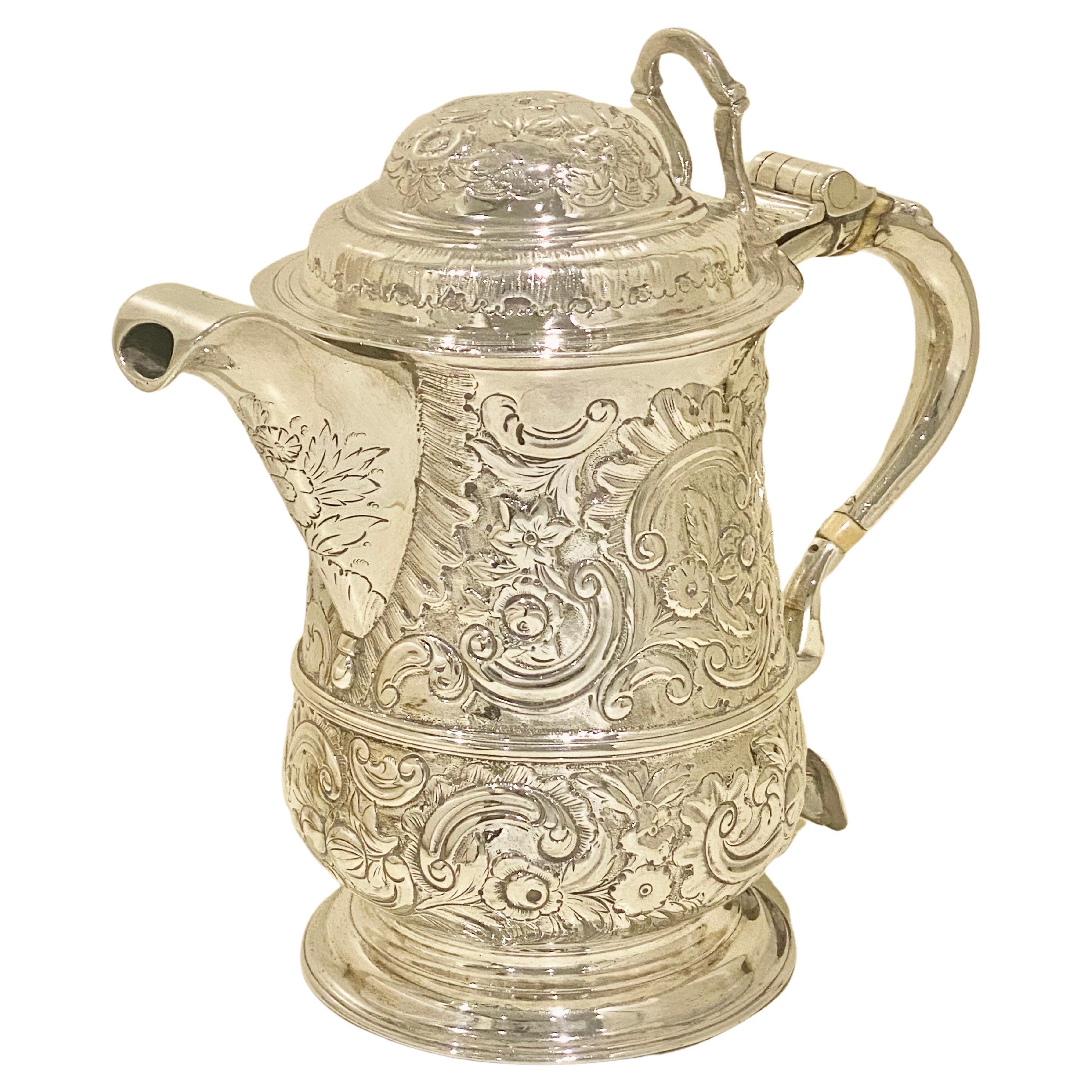British George II Sterling Silver Lidded Tankard with Spout London 1744 For Sale
