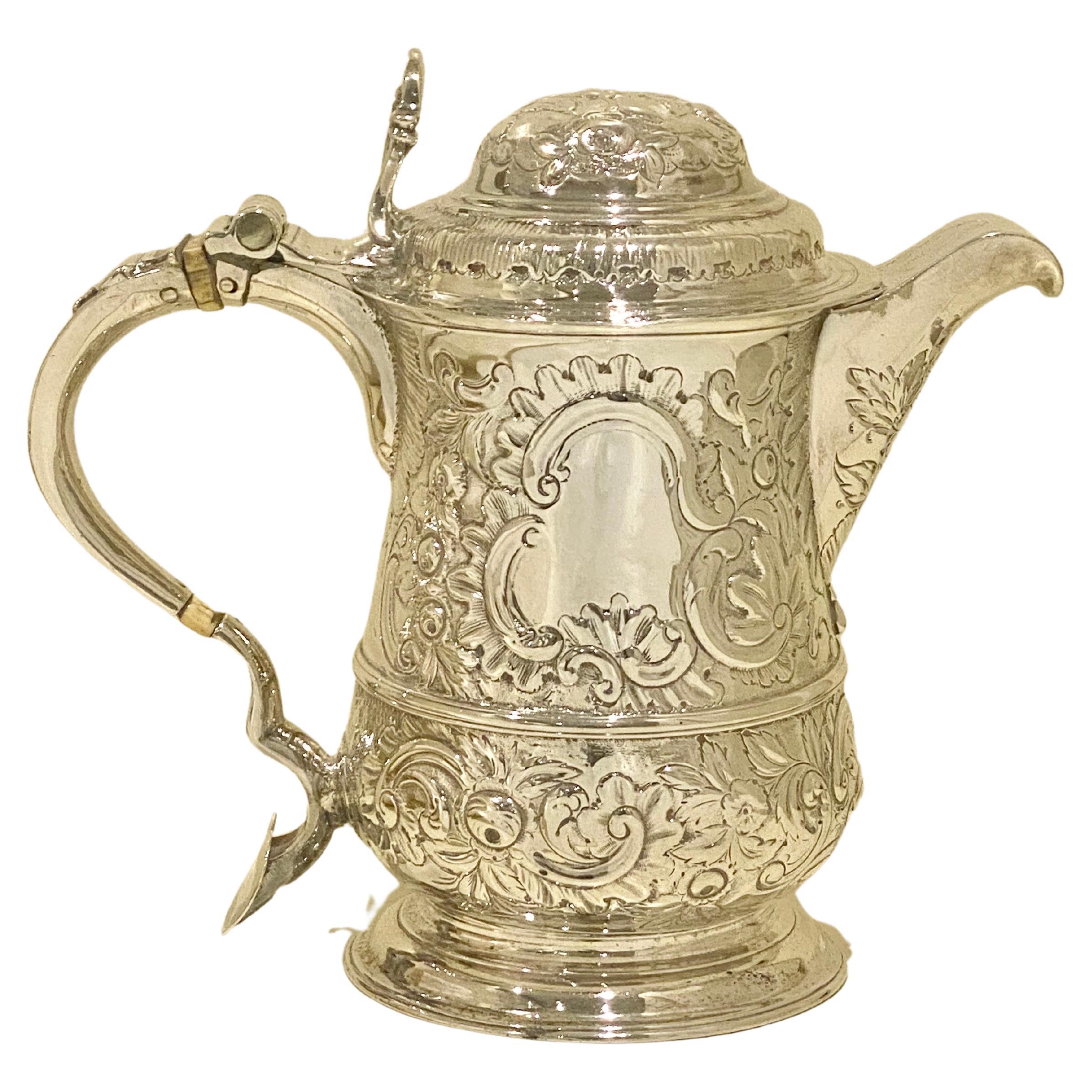 George II Sterling Silver Lidded Tankard with Spout London 1744 For Sale