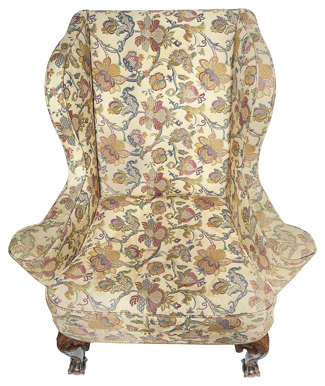 George II Style Walnut Wingback Armchair In Good Condition For Sale In Brighton, Sussex
