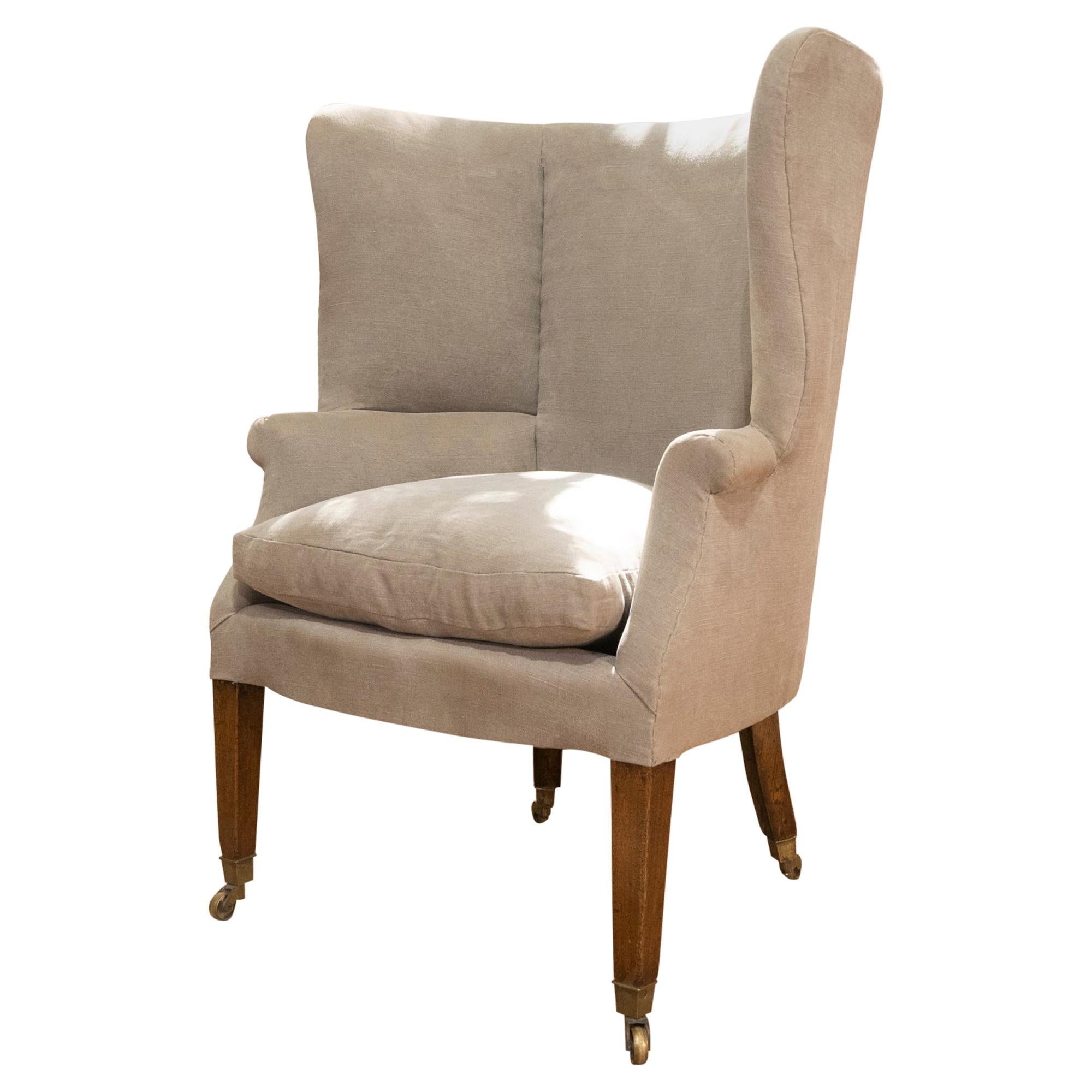 George III Barrel Back Linen & feather Upholstered Armchair For Sale