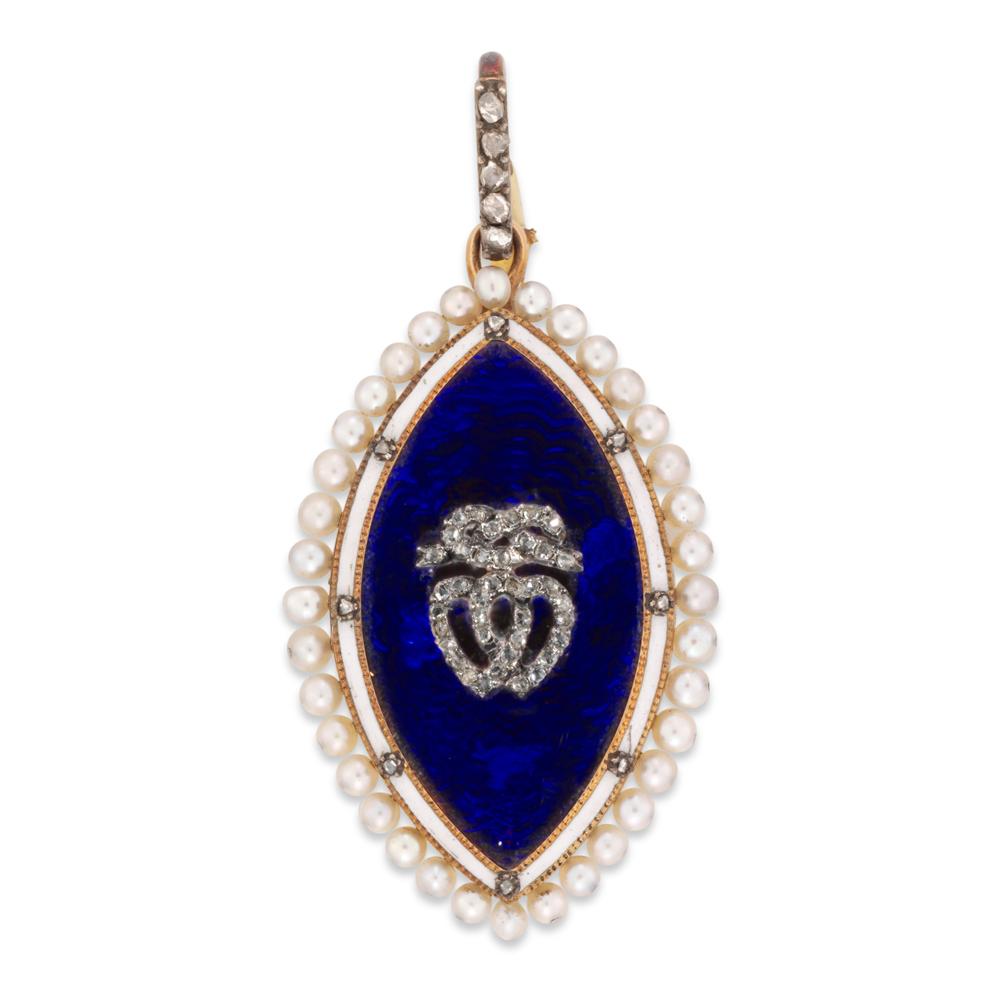 Taille rose Pendentif George III en émail bleu, perles et diamants en vente