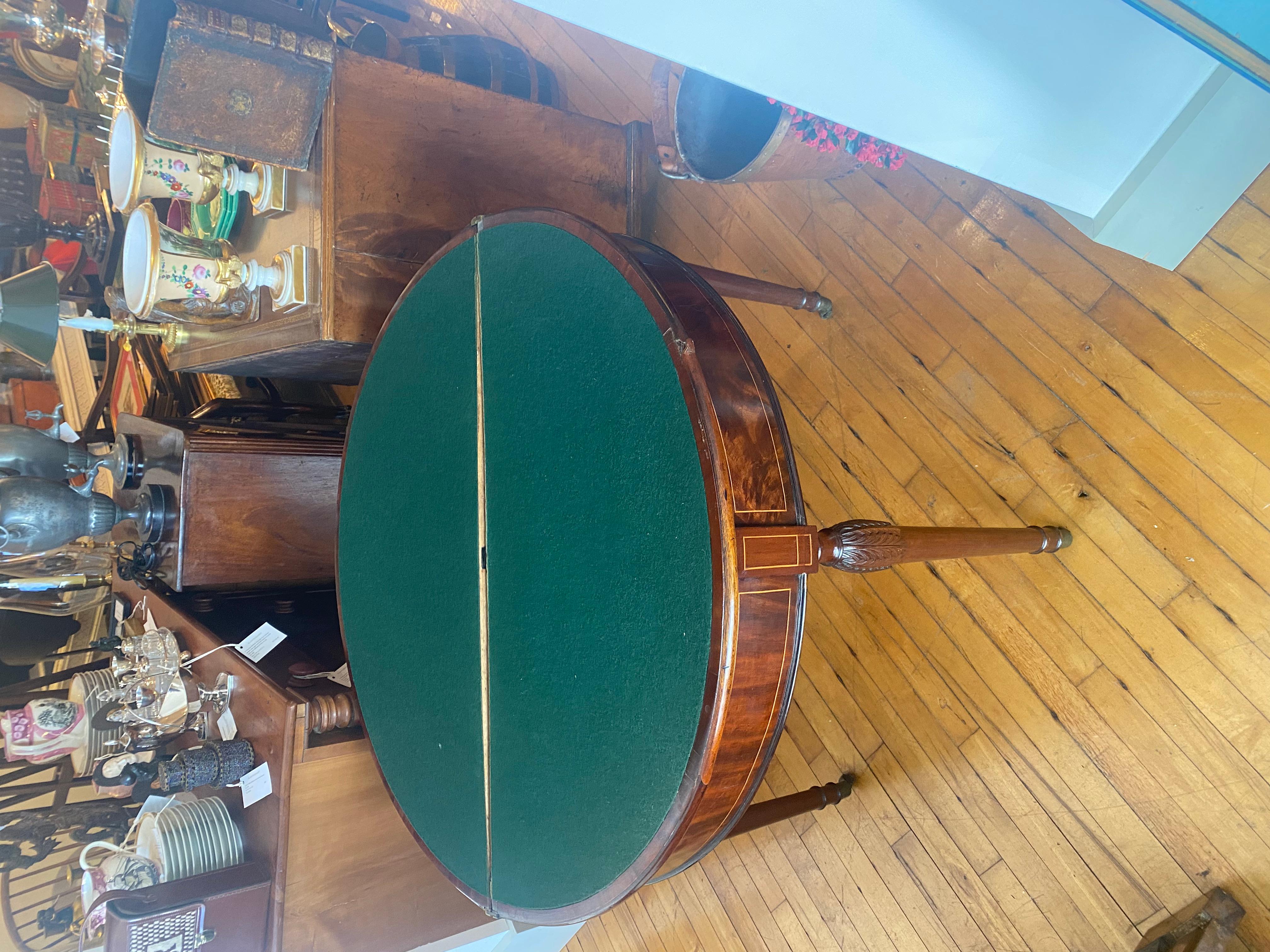 George III fan shaped flip top card table specimen wood, inlaid demilune In Good Condition For Sale In Buchanan, MI