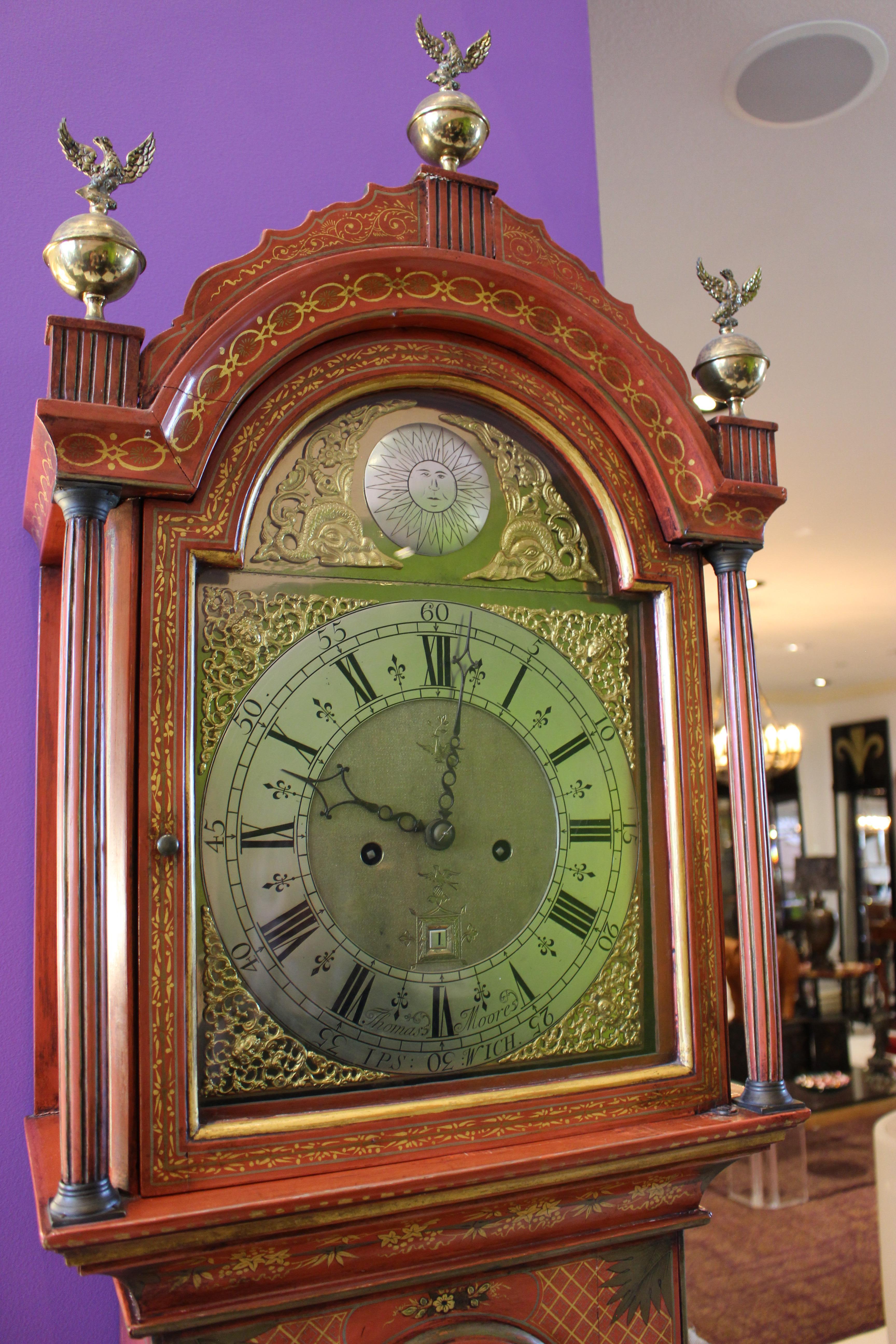 English George III Later Scarlet Japanned Long Case Thomas Moore Clock For Sale