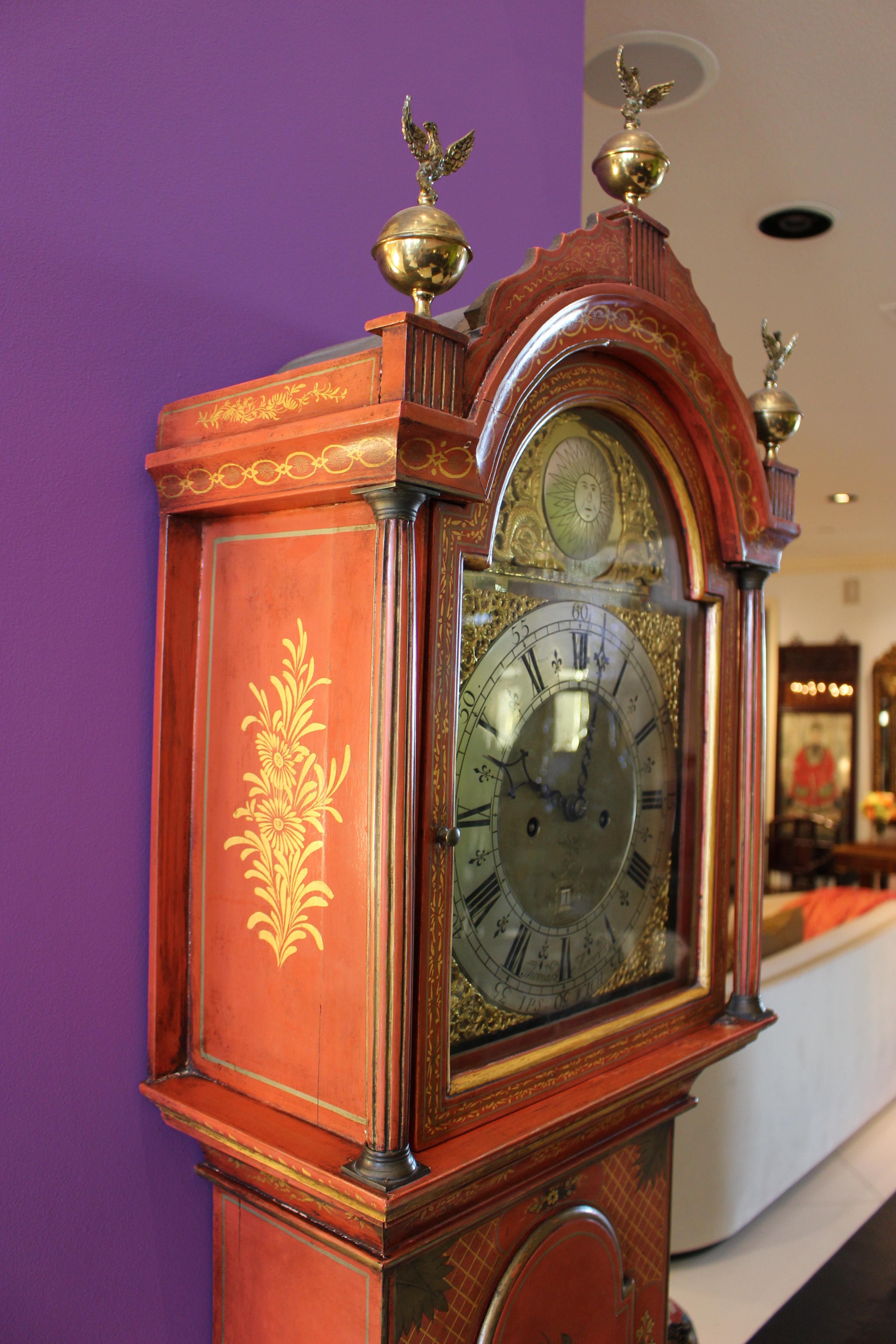 Late 18th Century George III Later Scarlet Japanned Long Case Thomas Moore Clock For Sale