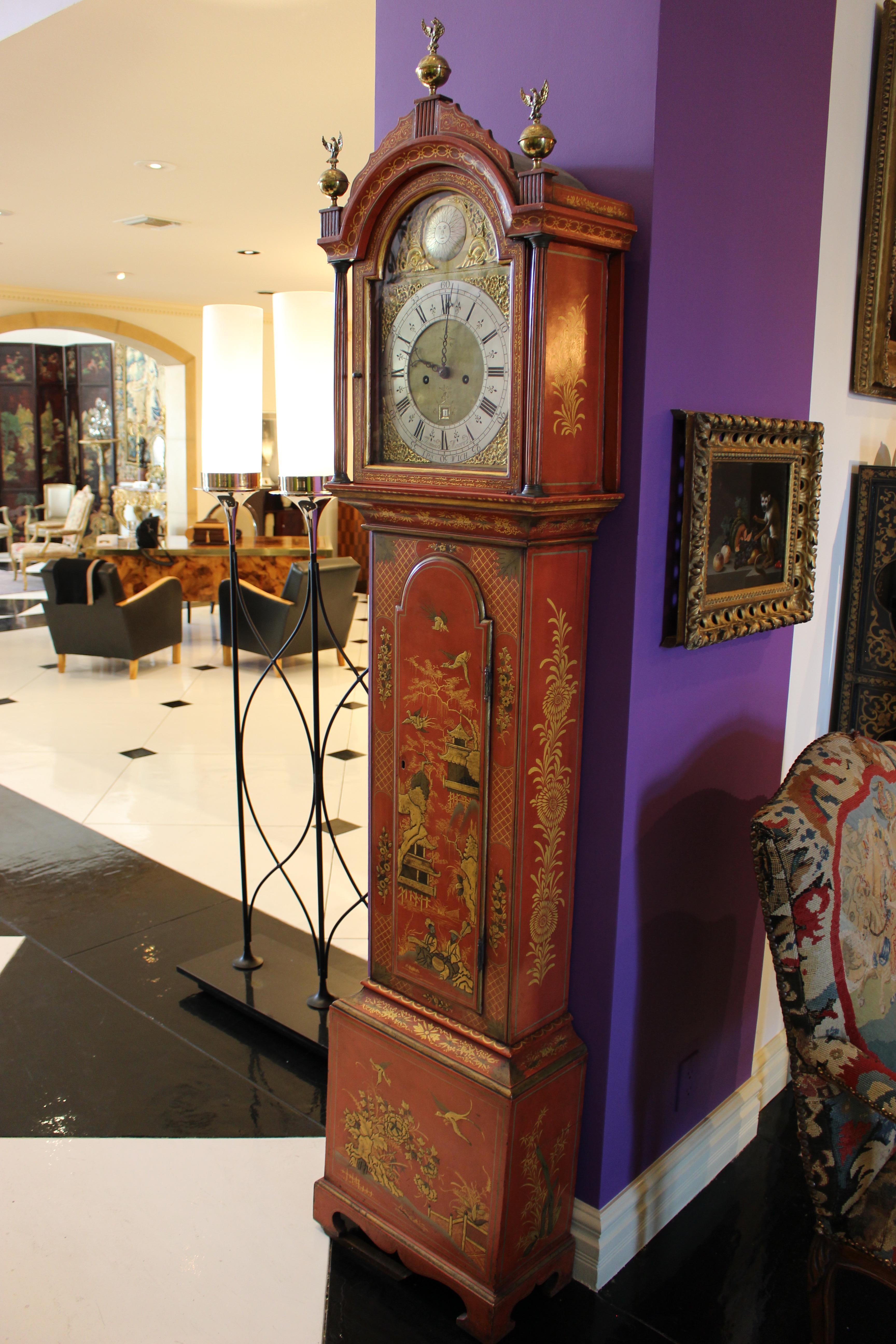 George III Later Scarlet Japanned Long Case Thomas Moore Clock For Sale 2