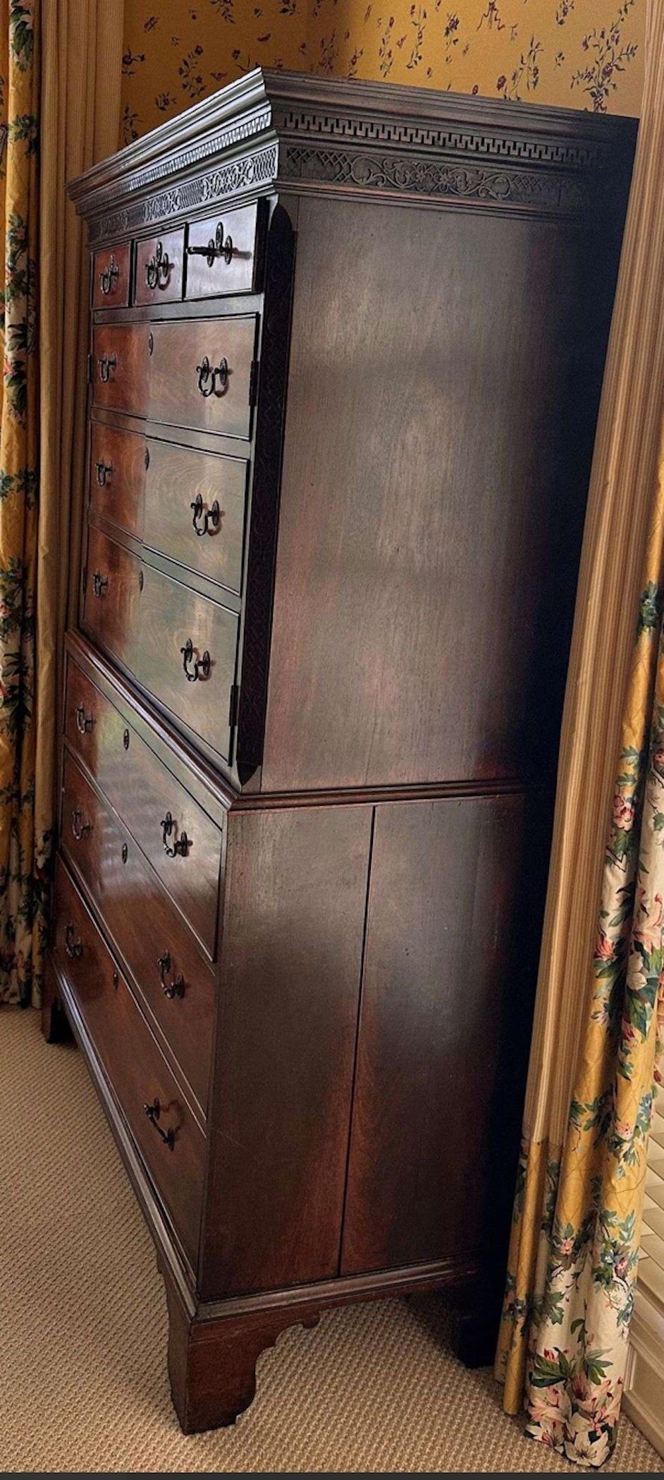 A George III mahogany chest on chest with applied blind fret work adpated as a bar.
Would look great in a library, office or living room