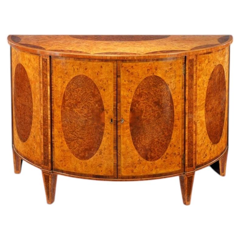 A George III Period Demi-Lune Burr Elm and Burr Yew Wood Commode For Sale