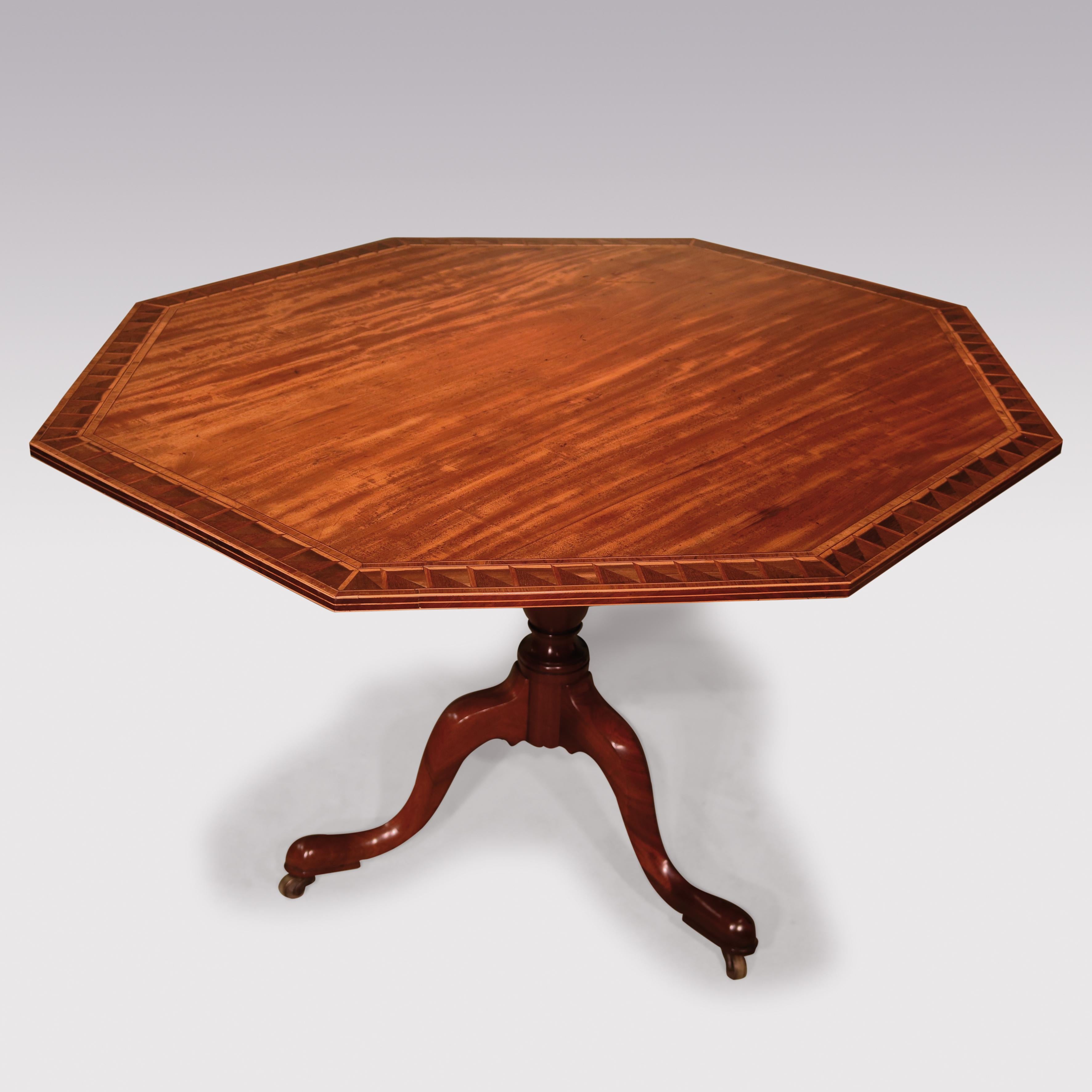 A fine George III period figured mahogany octagonal breakfast table, with boxwood line-inlaid edged top having unusual tulipwood banding enclosing coromandel & padoukwood inlaid panels, supported on vase-turned stem ending on well-shaped tripod legs
