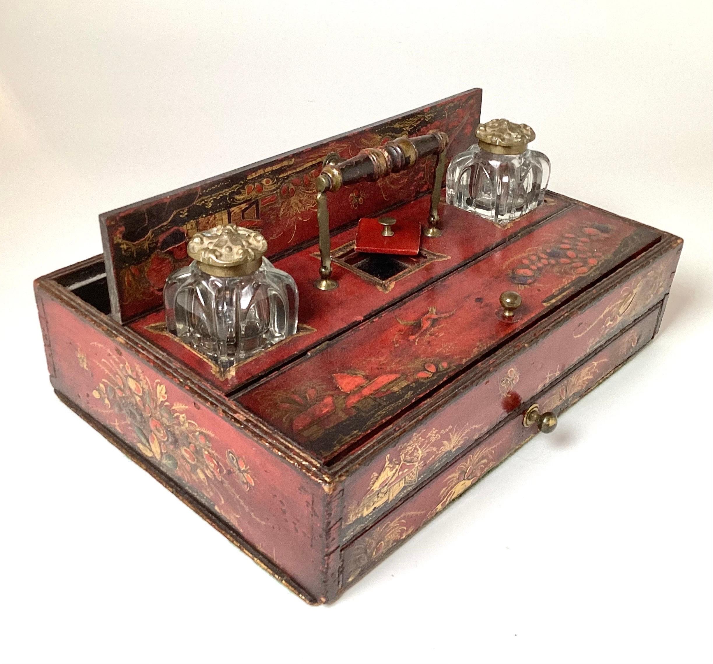 Georgian A George III Red Japaned Ink Stand Writing Box  For Sale