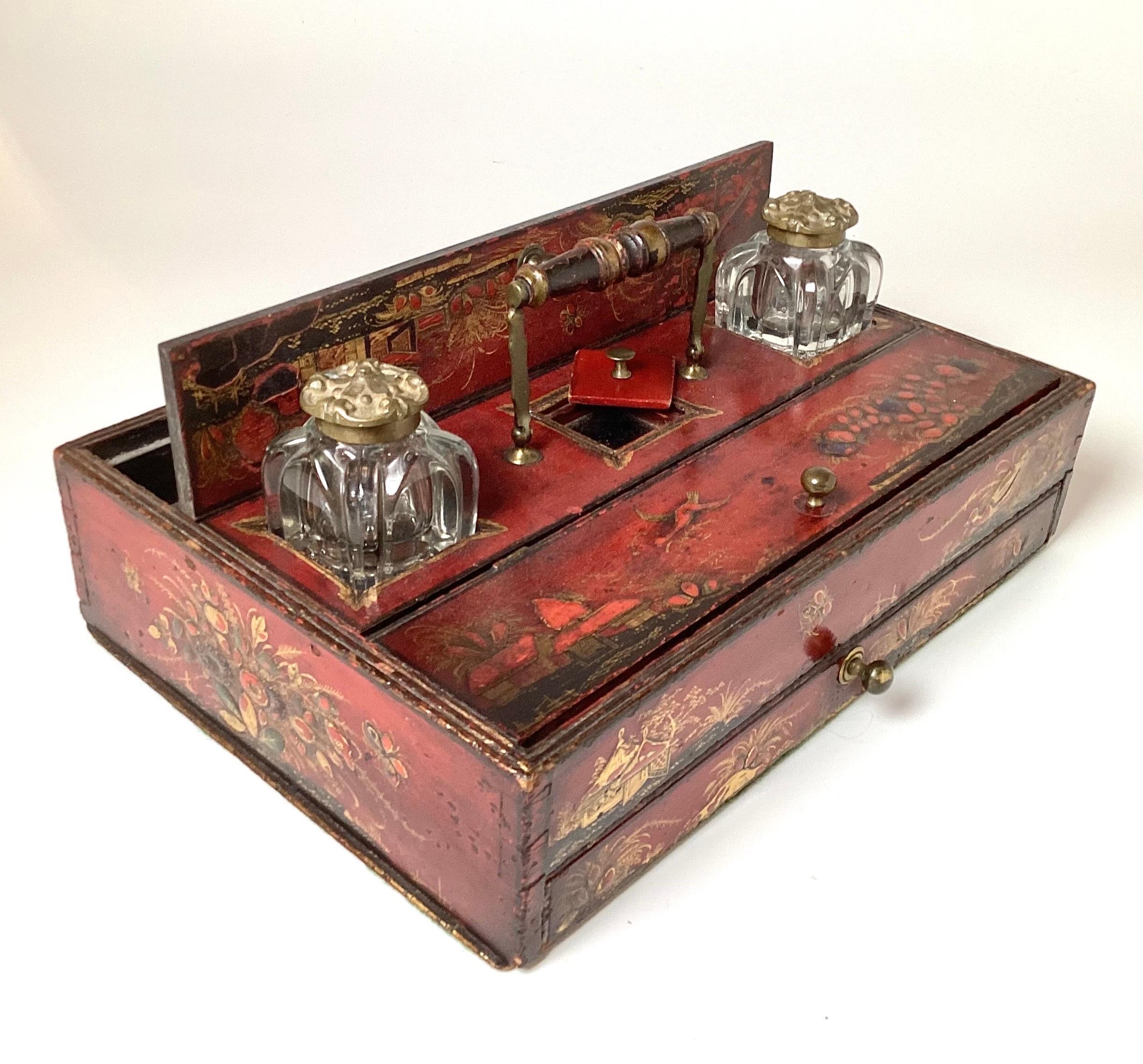 Georgian A George III Red Japaned Ink Stand Writing Box For Sale