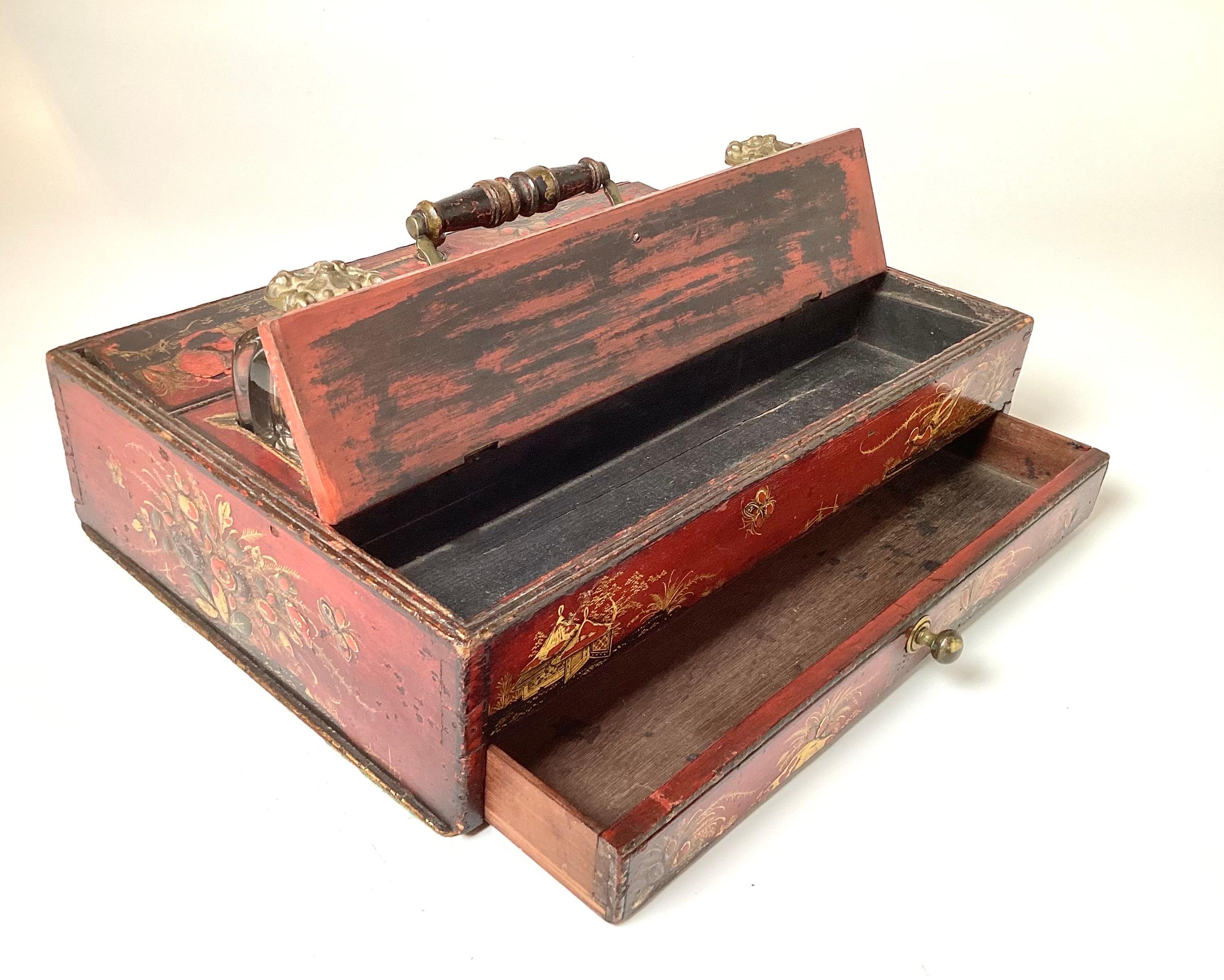 European A George III Red Japaned Ink Stand Writing Box  For Sale