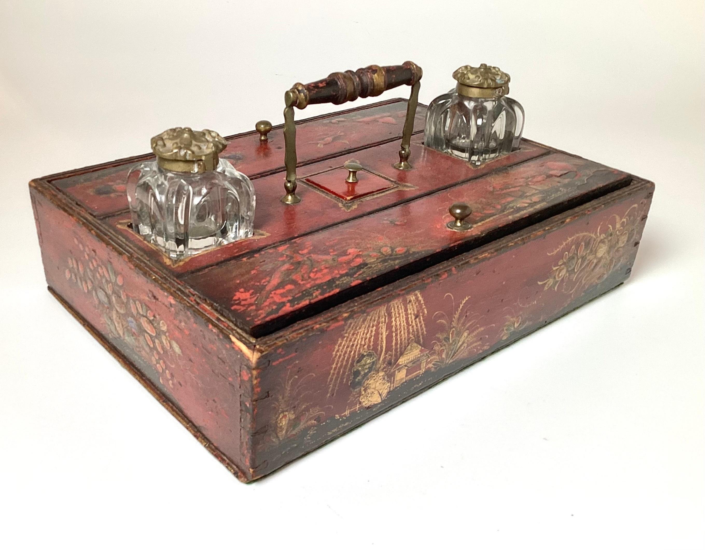 Hand-Painted A George III Red Japaned Ink Stand Writing Box For Sale