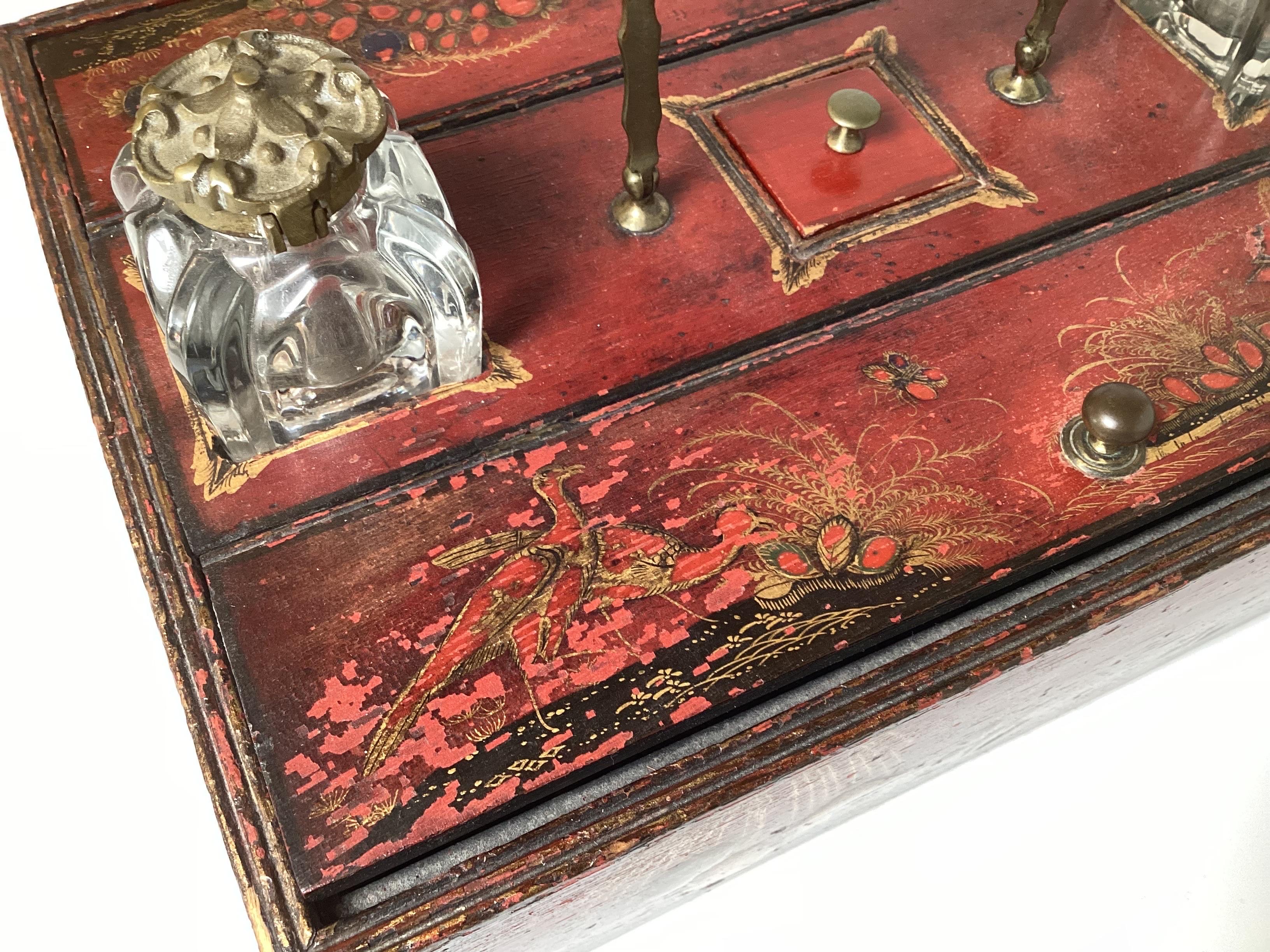 19th Century A George III Red Japaned Ink Stand Writing Box For Sale