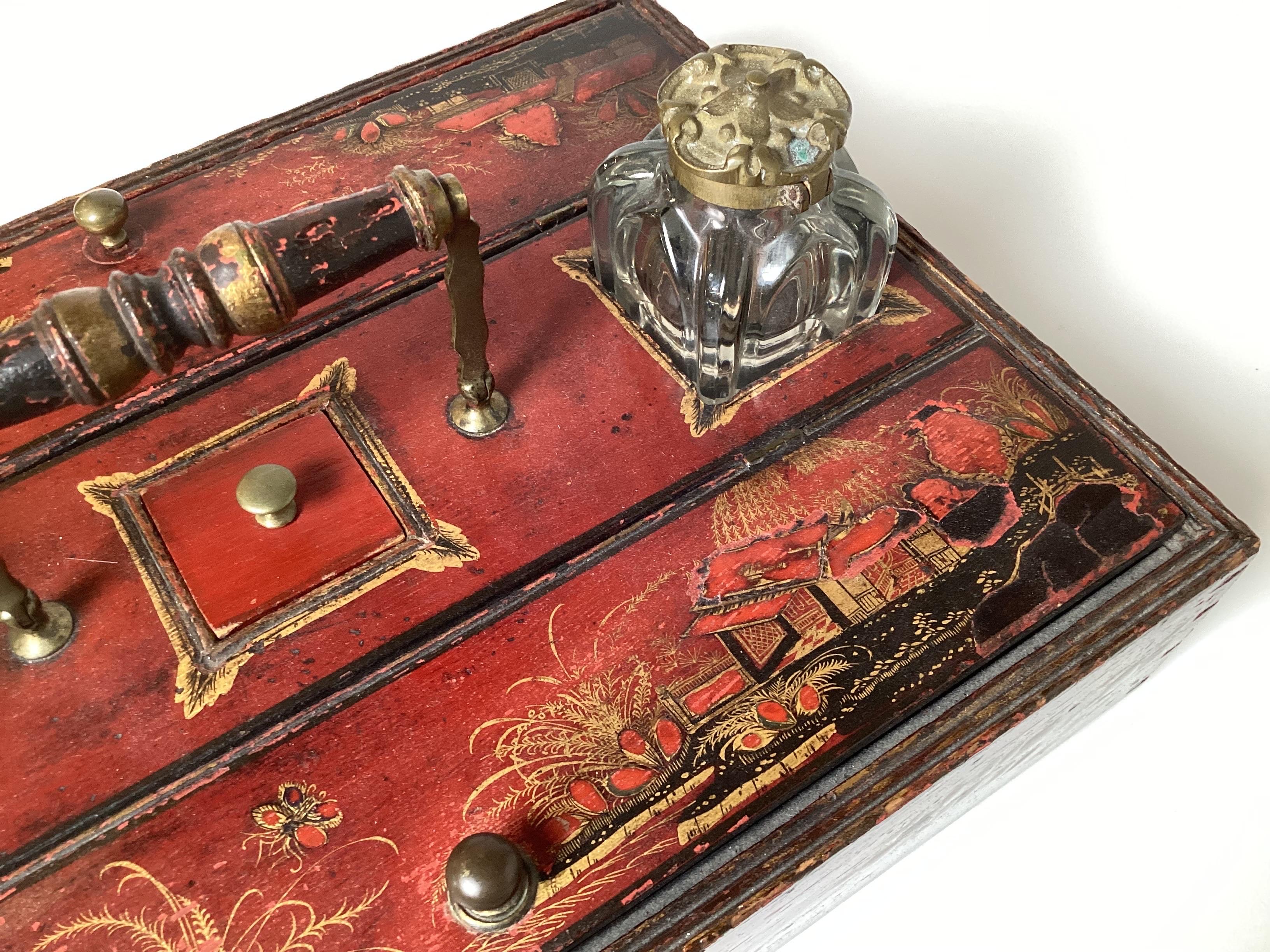 Brass A George III Red Japaned Ink Stand Writing Box  For Sale