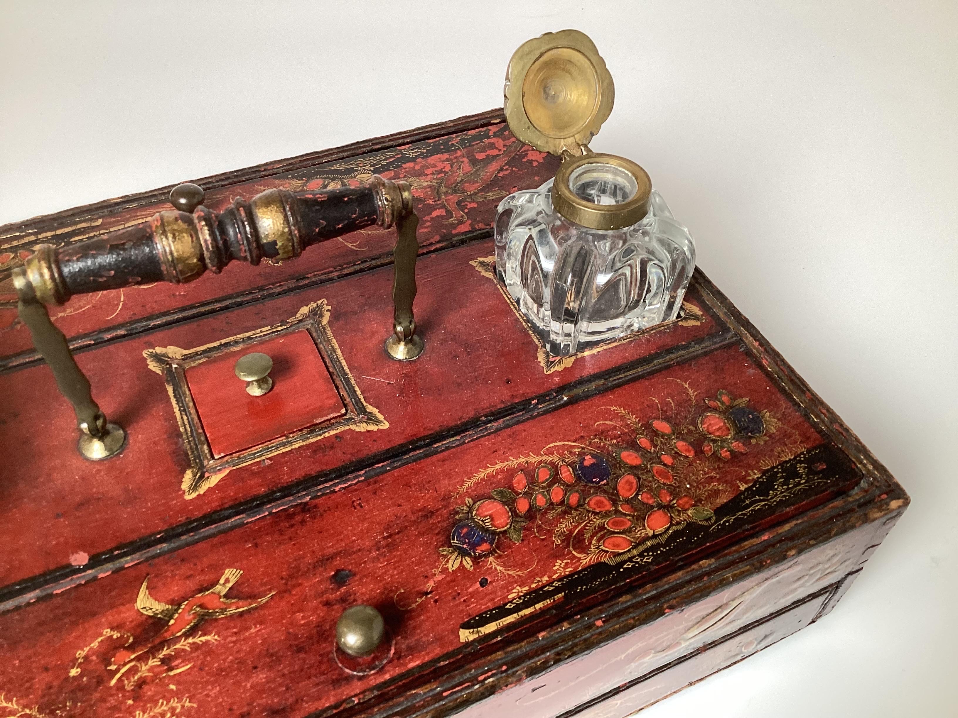 A George III Red Japaned Ink Stand Writing Box For Sale 1