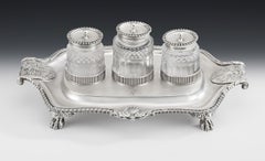 George III Three Bottle Inkstand Made in London in 1810 by Emes & Barnard