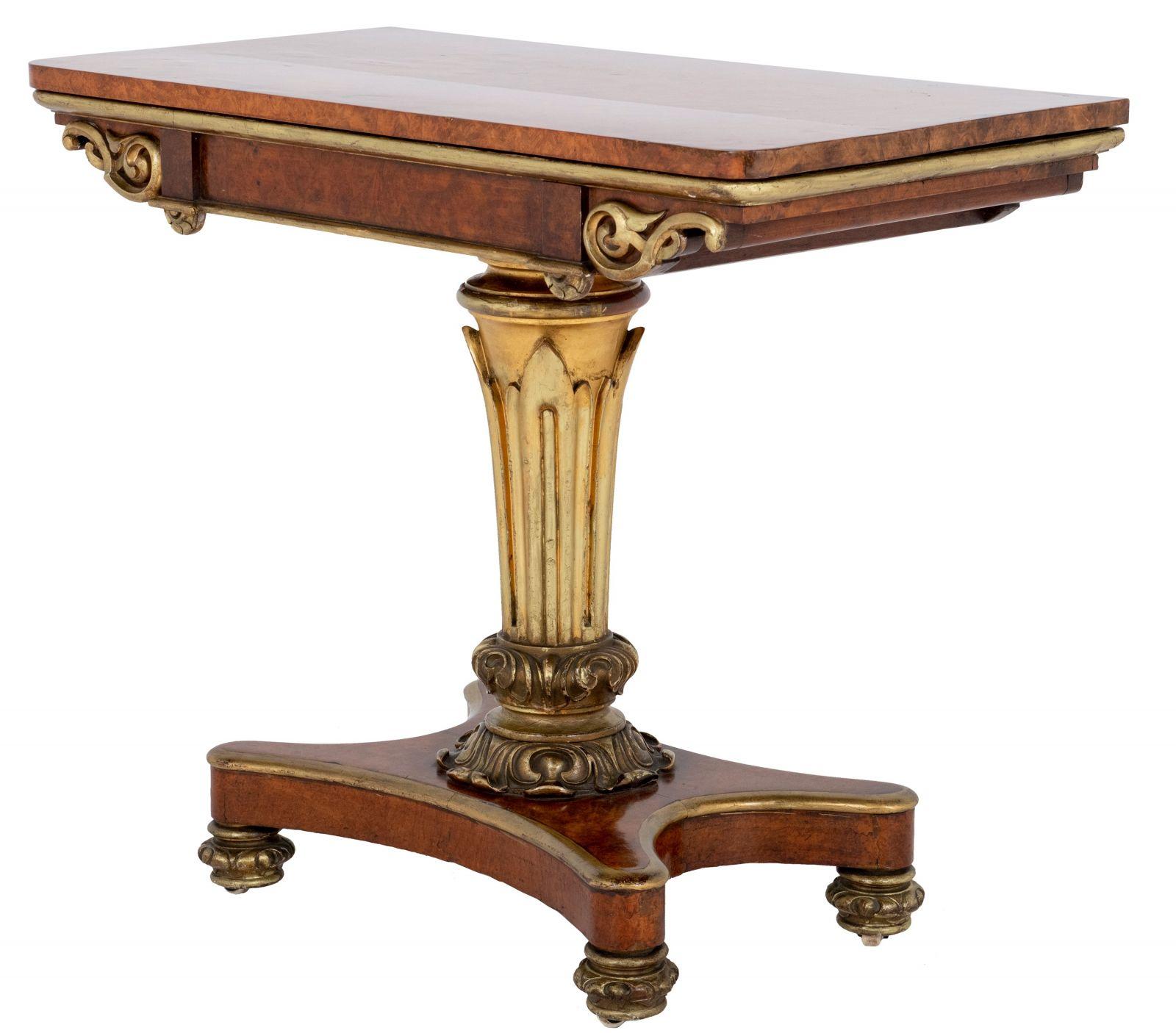 Mid-19th Century A George IV Amboyna and Giltwood Card Table Attributed to Morel and Seddon For Sale