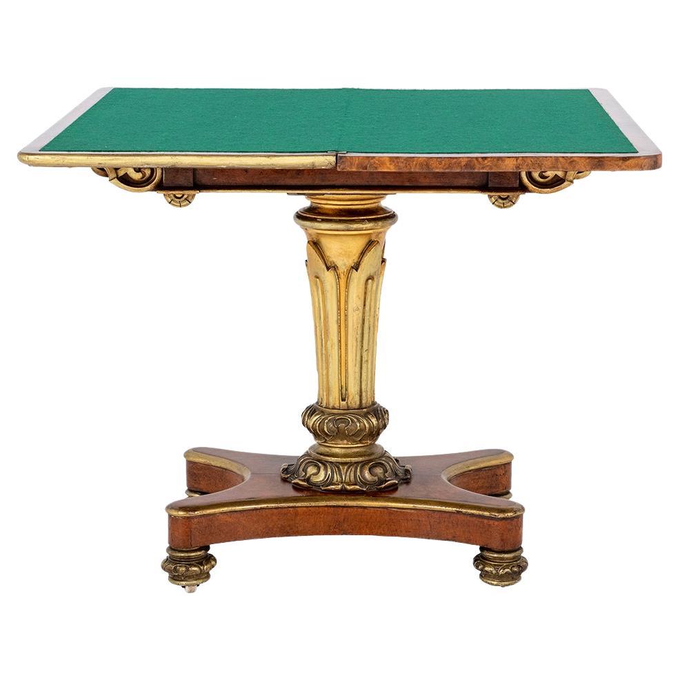 Table à cartes George IV en amboyna et bois doré attribuée à Morel et Seddon en vente