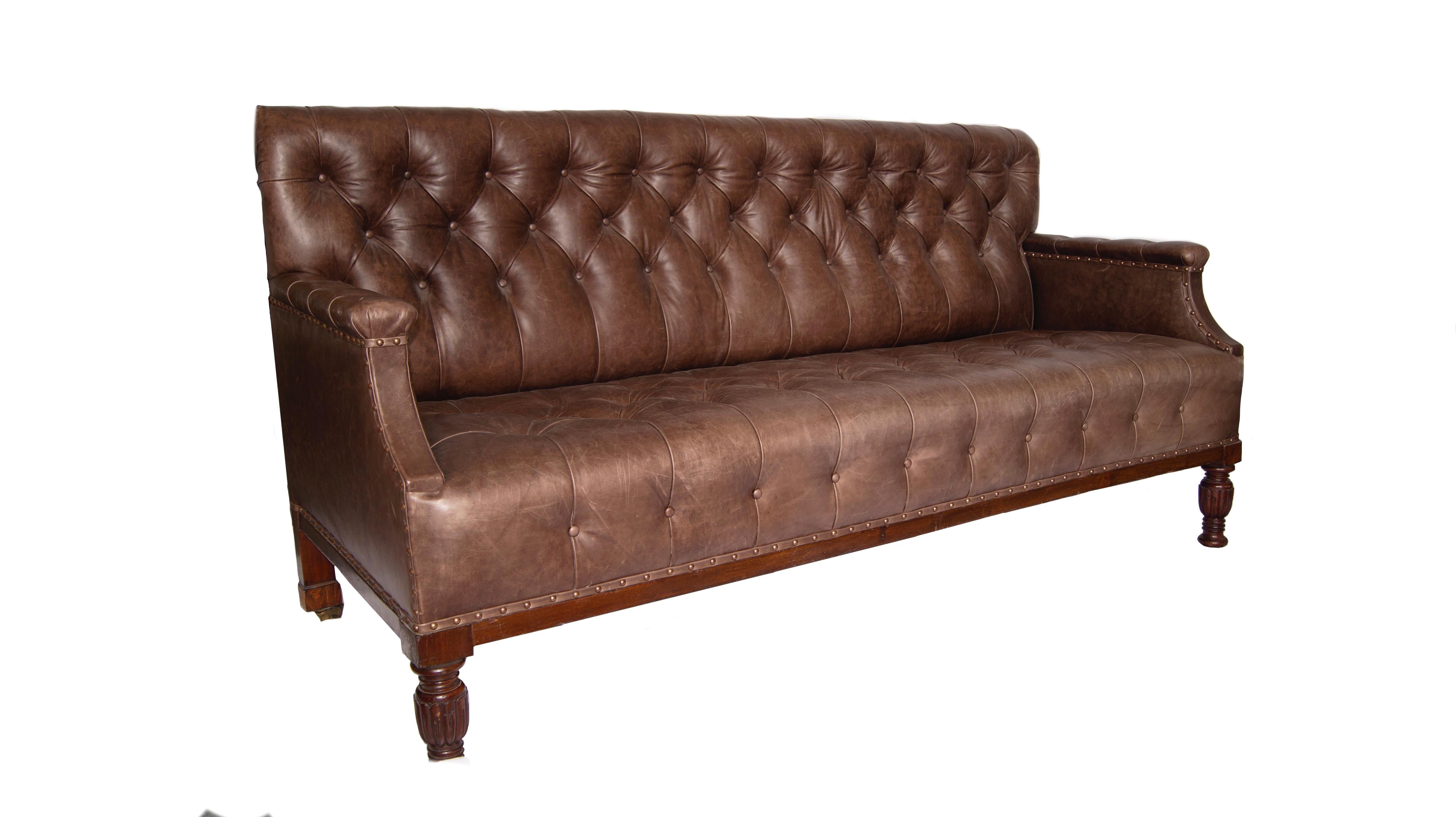 Turned George IV Leather Club Sofa, Early 19th Century