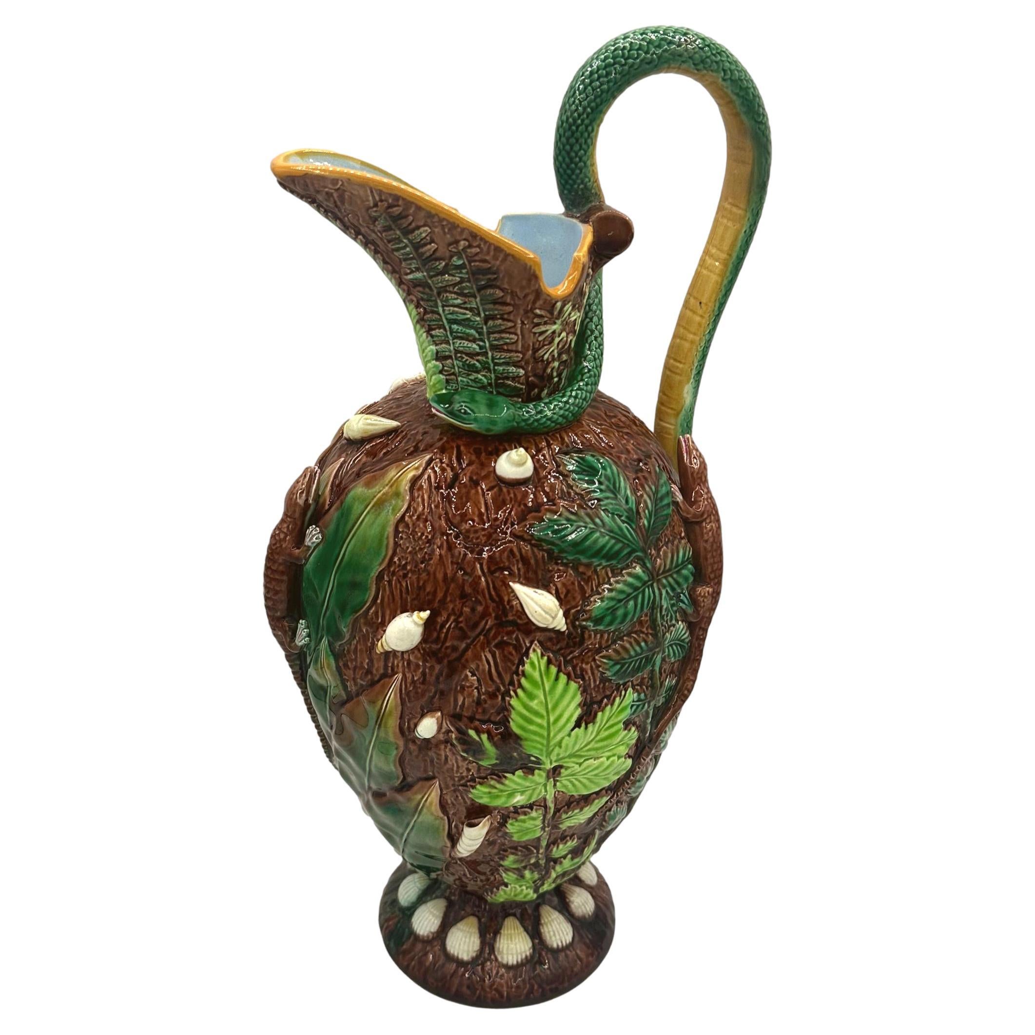 Victorian A George Jones Majolica 'Palissy Vase' with Snake Handle, English, ca. 1870 For Sale