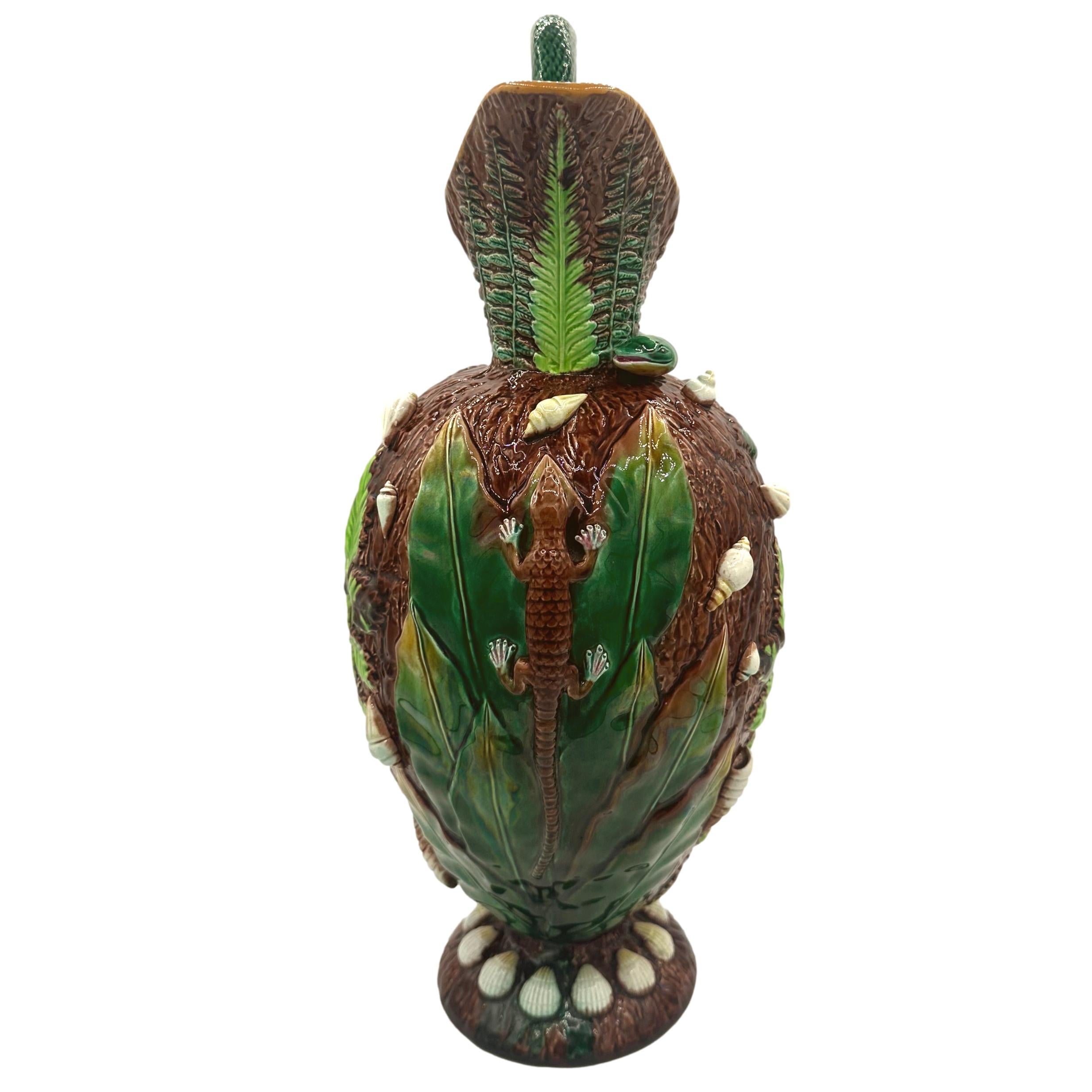 19th Century A George Jones Majolica 'Palissy Vase' with Snake Handle, English, ca. 1870 For Sale