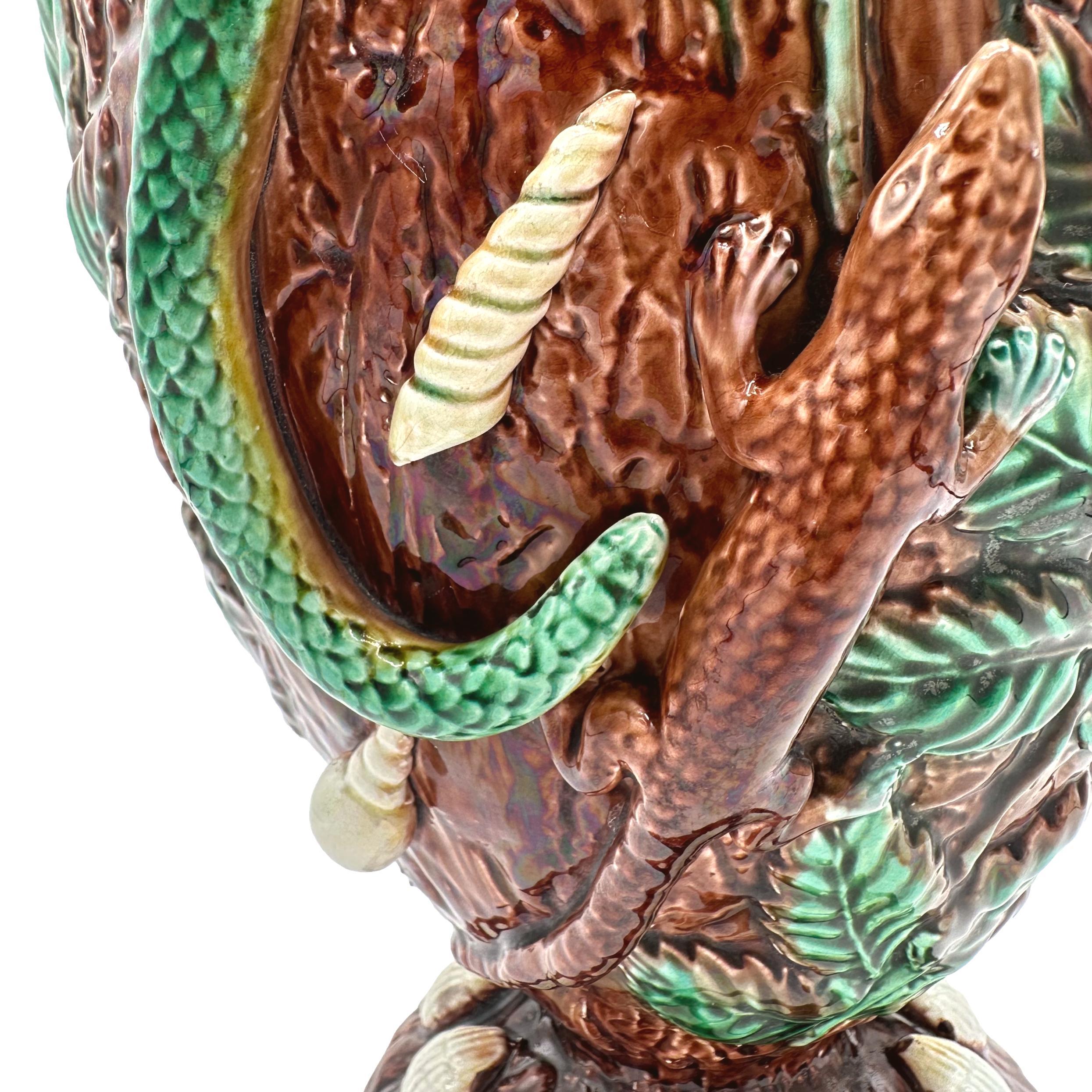 A George Jones Majolica 'Palissy Vase' with Snake Handle, English, ca. 1870 For Sale 3