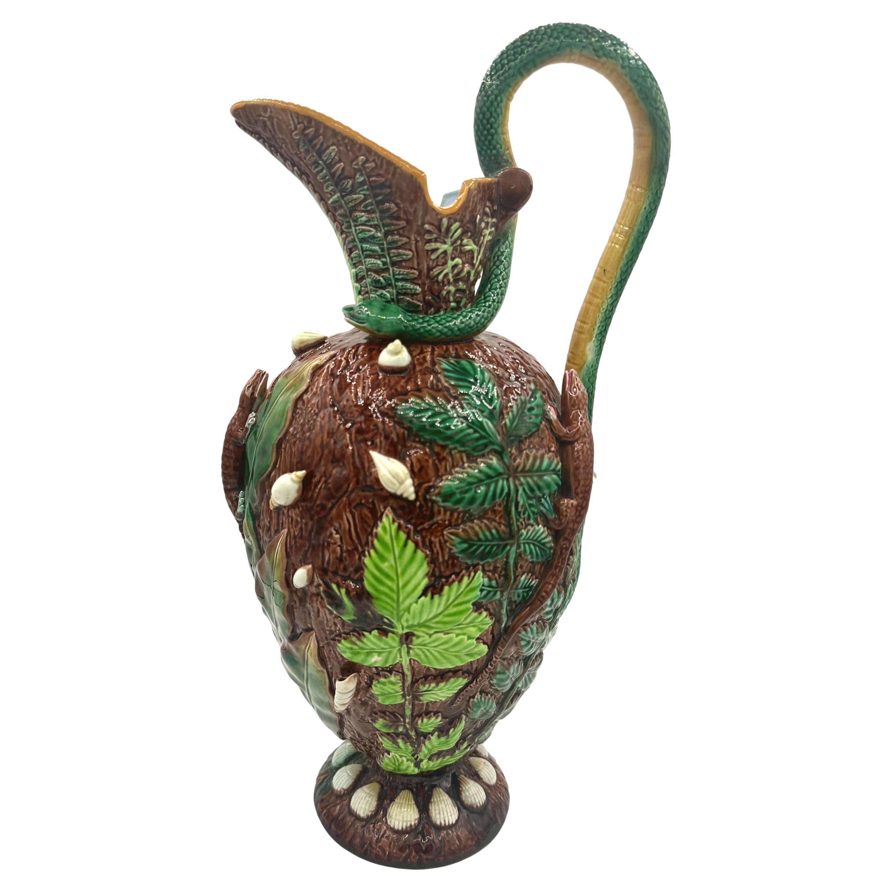 Vase Palissy en majolique de George Jones avec poignée en forme de serpent, anglais, vers 1870