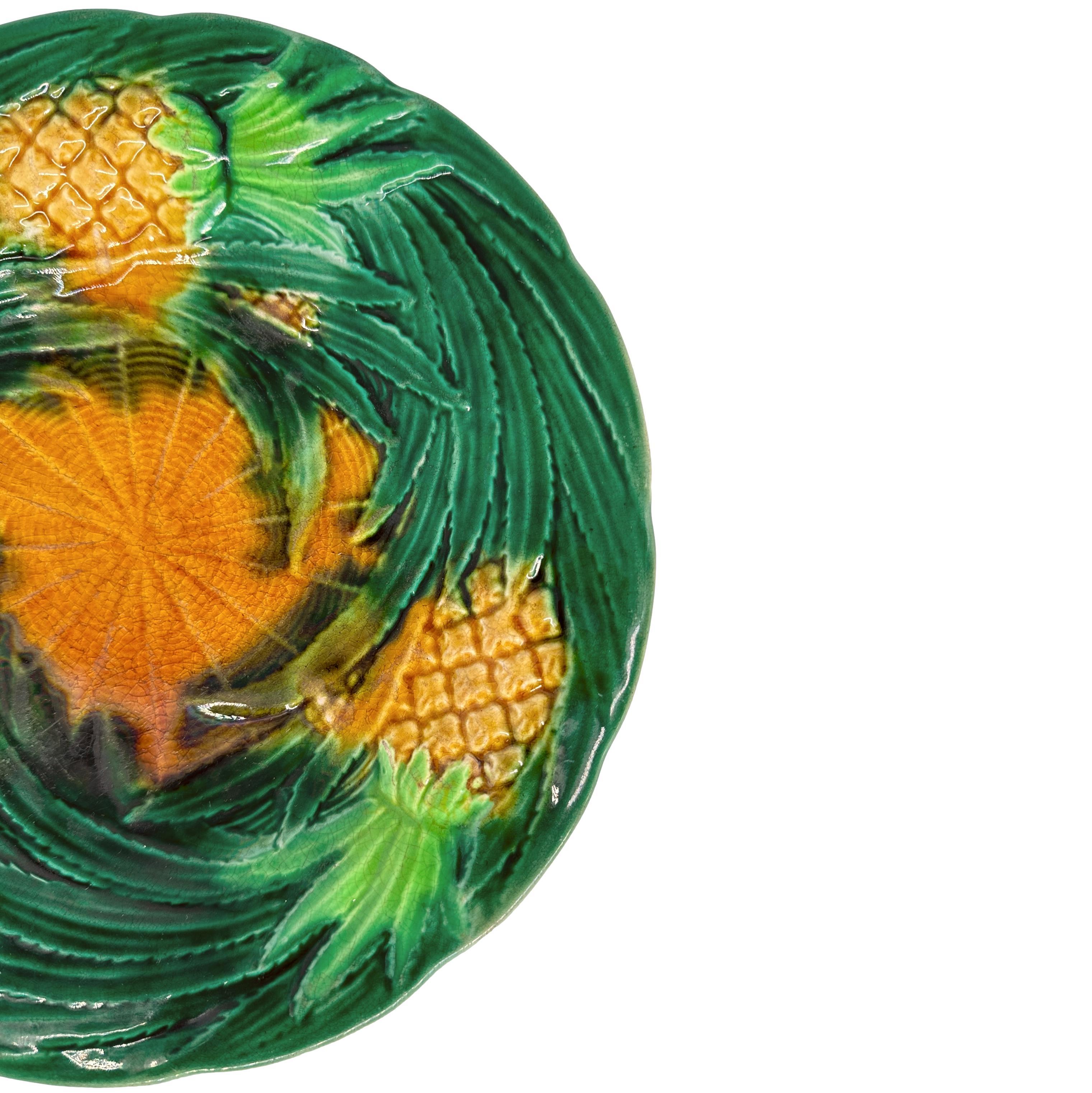 Victorian A George Jones Majolica Pineapples on Basketweave Plate, English, ca. 1863 For Sale